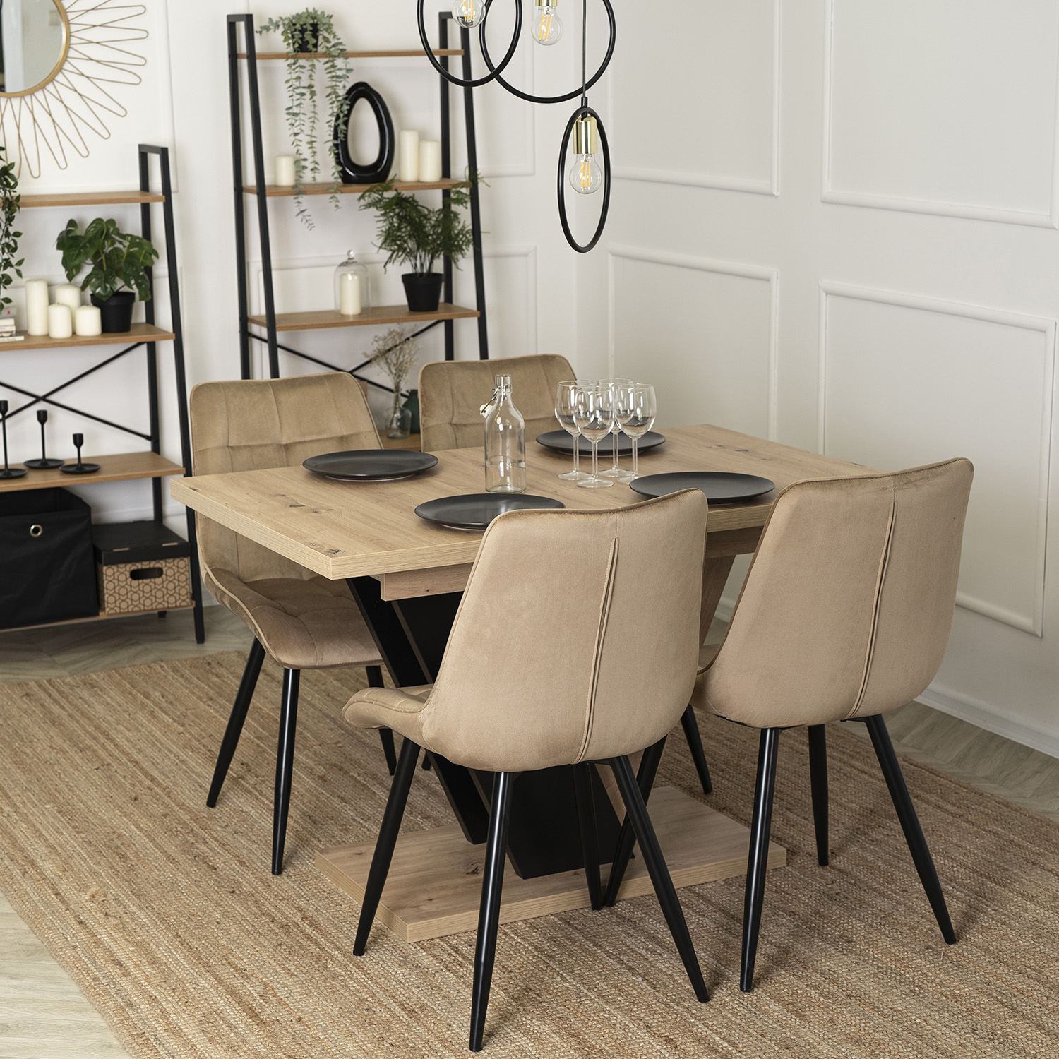 Zestaw Stół Prostokątny Rozkładany CLARK 120-160 cm Dąb Artisan/Czarny i 4 Krzesła Tapicerowane do Jadalni RIO Beżowe Welurowe DUBAJ/A/CZ/S/RIO/BZ/V/Z