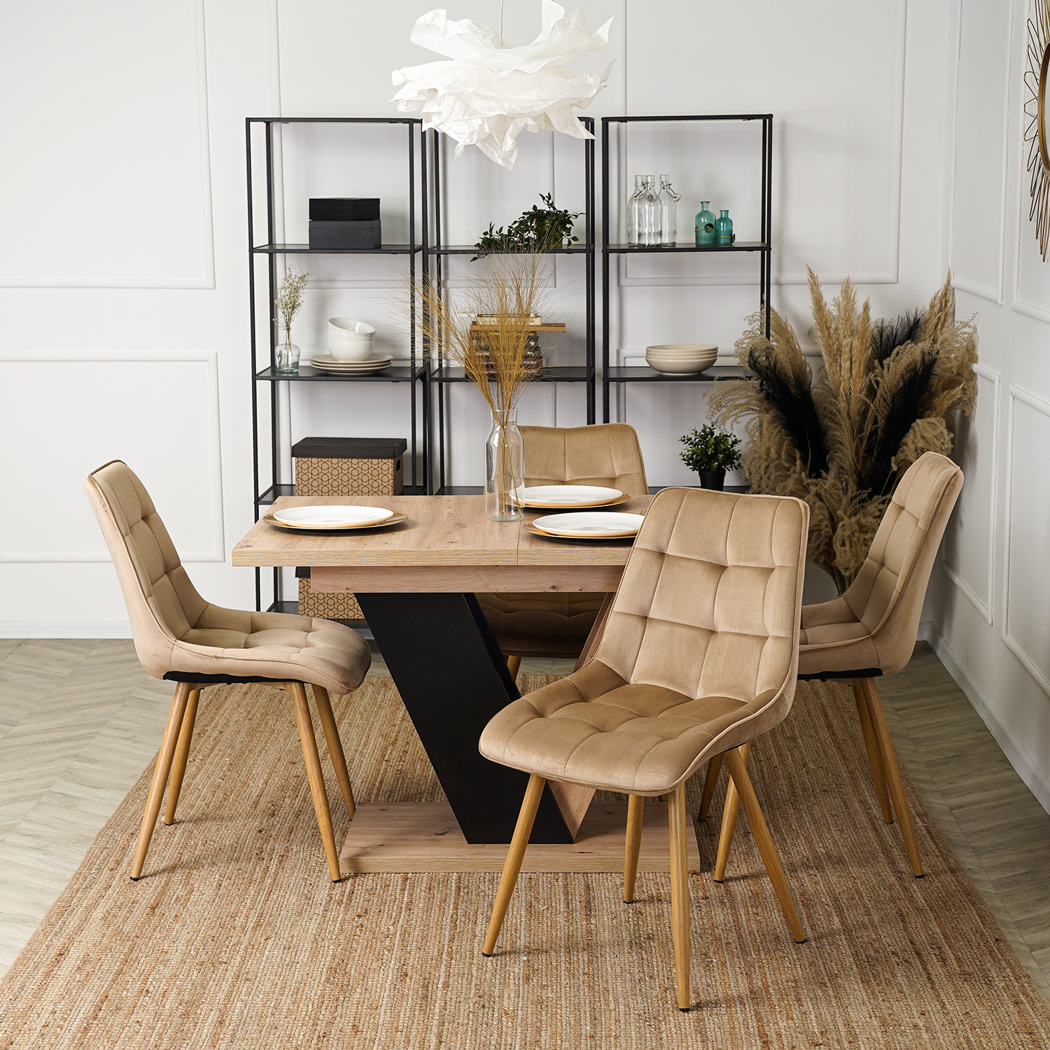 Zestaw Stół Prostokątny Rozkładany CLARK 120-160 cm Dąb Artisan/Czarny i 4 Krzesła Tapicerowane do Salonu RODRI Beżowe Welurowe DUBAJ/A/CZ/S/RODRI/BZ/