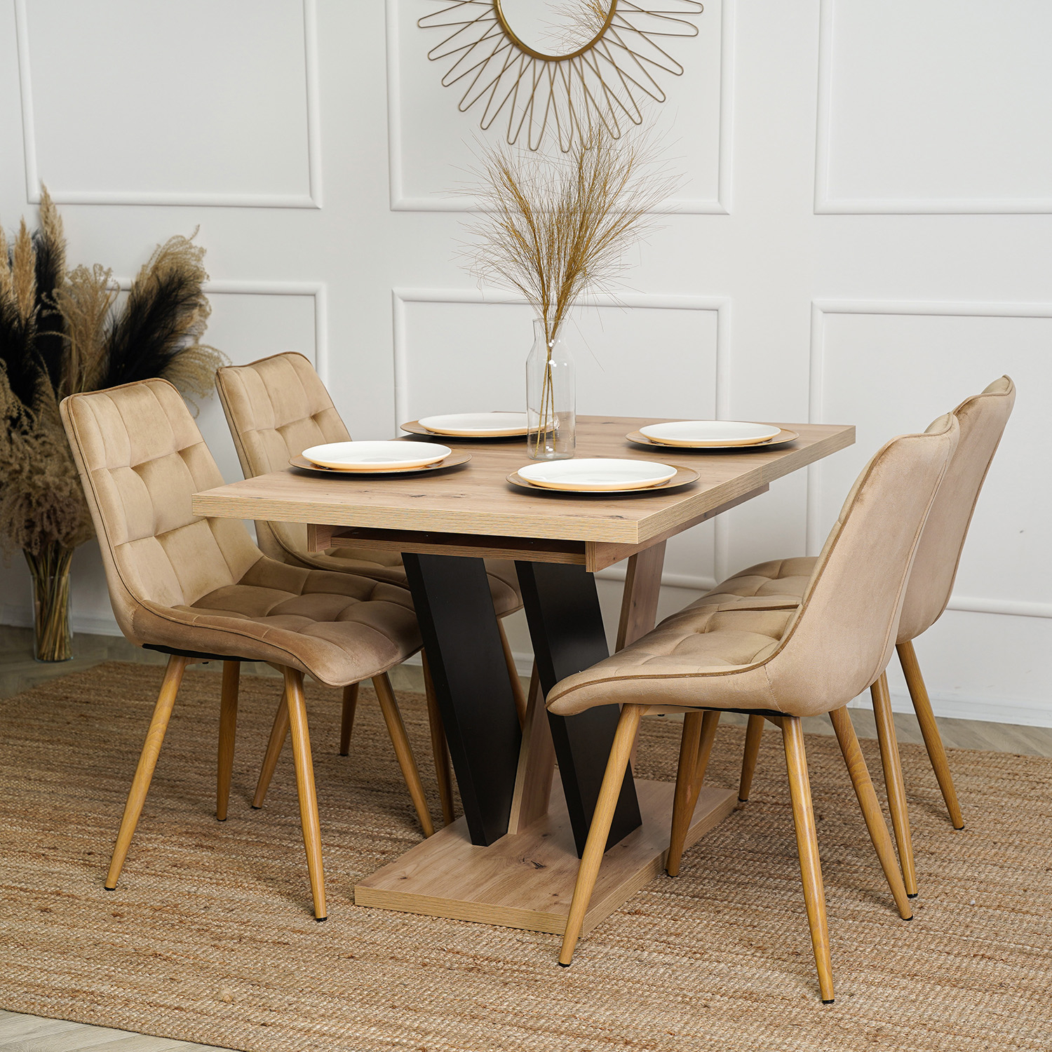 Zestaw Stół Prostokątny Rozkładany CLARK 120-160 cm Dąb Artisan/Czarny i 4 Krzesła Tapicerowane do Salonu RODRI Beżowe Welurowe DUBAJ/A/CZ/S/RODRI/BZ/