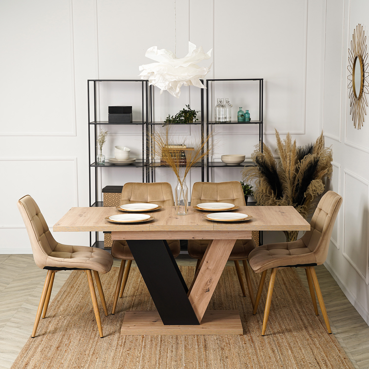 Zestaw Stół Prostokątny Rozkładany CLARK 120-160 cm Dąb Artisan/Czarny i 4 Krzesła Tapicerowane do Salonu RODRI Beżowe Welurowe DUBAJ/A/CZ/S/RODRI/BZ/