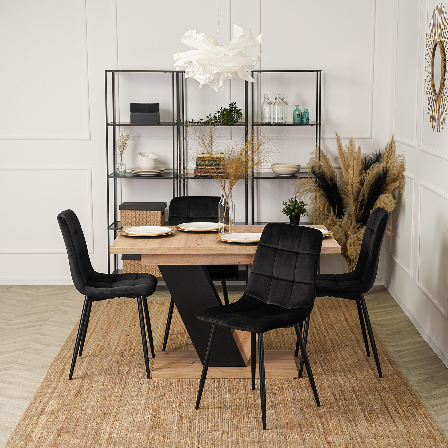 Zestaw Stół Prostokątny Rozkładany CLARK 120-160 cm Dąb Artisan/Czarny i 4 Krzesła Tapicerowane do Jadalni PERU Czarne Welurowe DUBAJ/A/CZ/S/PERU/CZ/V