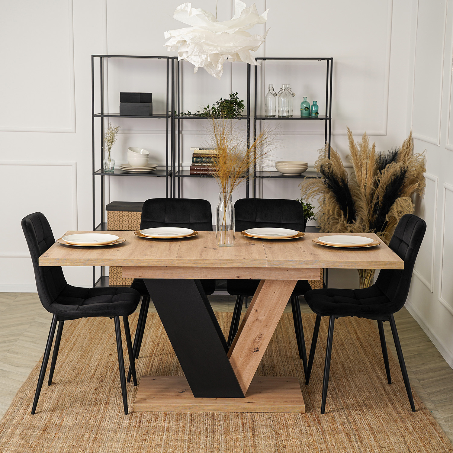 Zestaw Stół Prostokątny Rozkładany CLARK 120-160 cm Dąb Artisan/Czarny i 4 Krzesła Tapicerowane do Jadalni PERU Czarne Welurowe DUBAJ/A/CZ/S/PERU/CZ/V