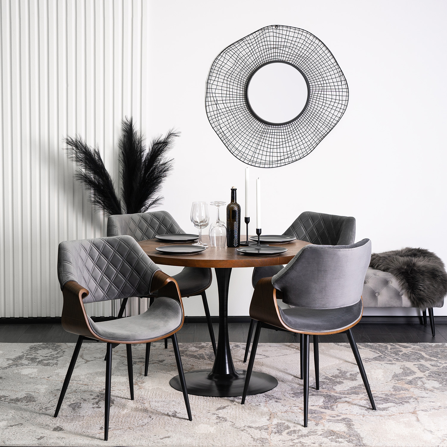 Zestaw Stół Okrągły LINO 100 cm Orzech/Czarny i 4 Krzesła Tapicerowane z Drewna Giętego DAKOTA Szare/Orzech Welurowe Loft LINO/O/S/DAKOTA/P/O/V/Z4/K