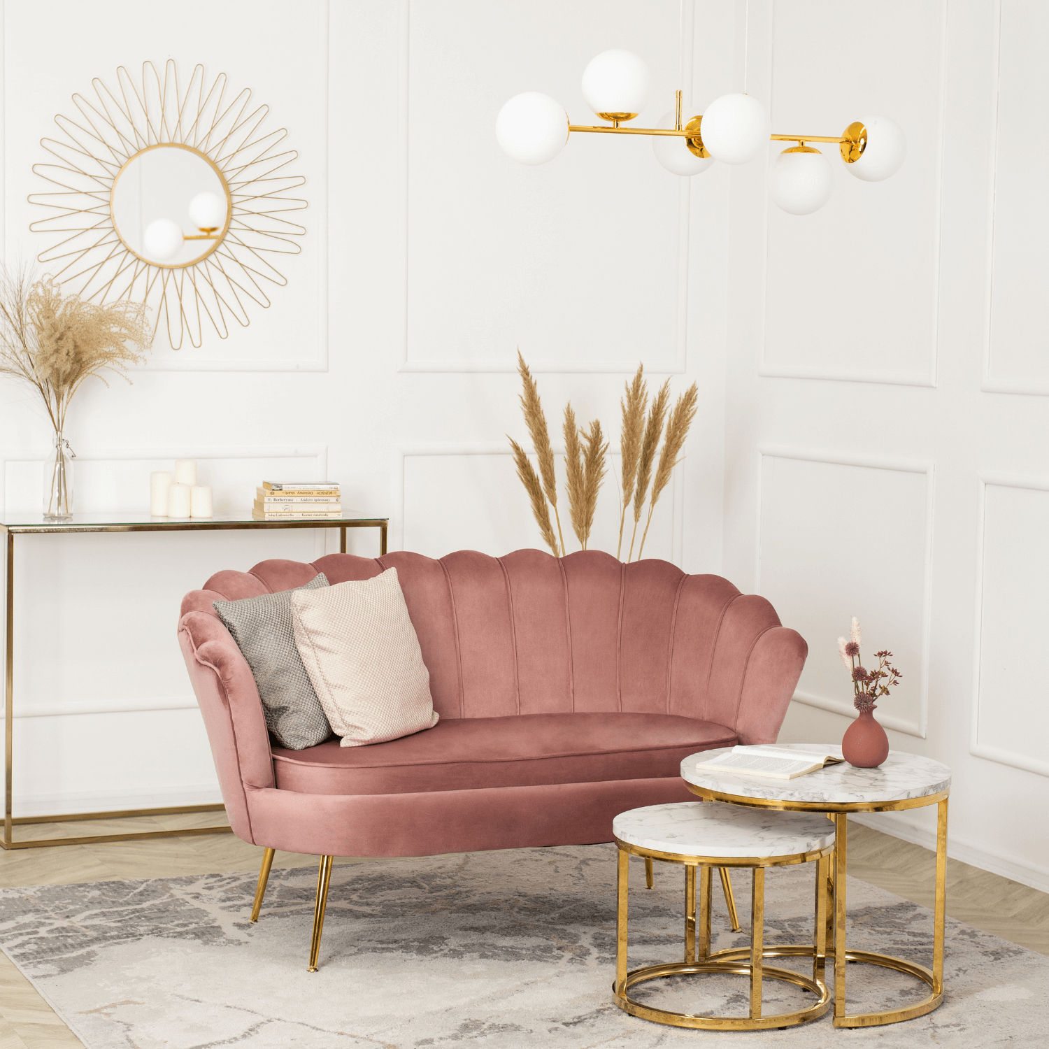 Sofa ZENDAYA Dwuosobowa Różowa Muszelka Glamour do Salonu ME.ZENDAYA/R/ZL/V/FW