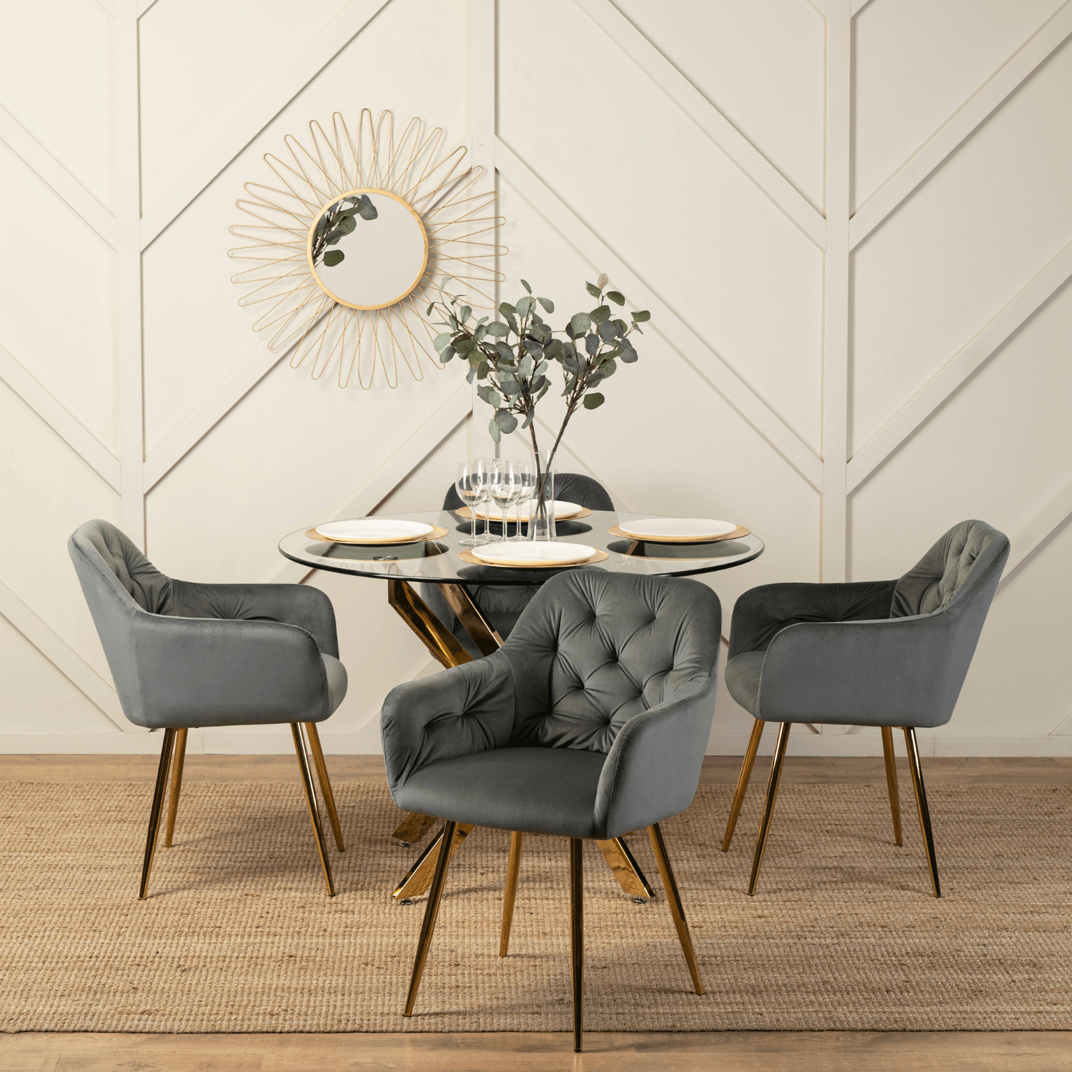 Zestaw Stół Okrągły SALLO 110 cm i 4 Krzesła Tapicerowane RAYA Szare Glamour SALLO/TR/ZL/S/RAYA/P/ZL/V/Z4/K