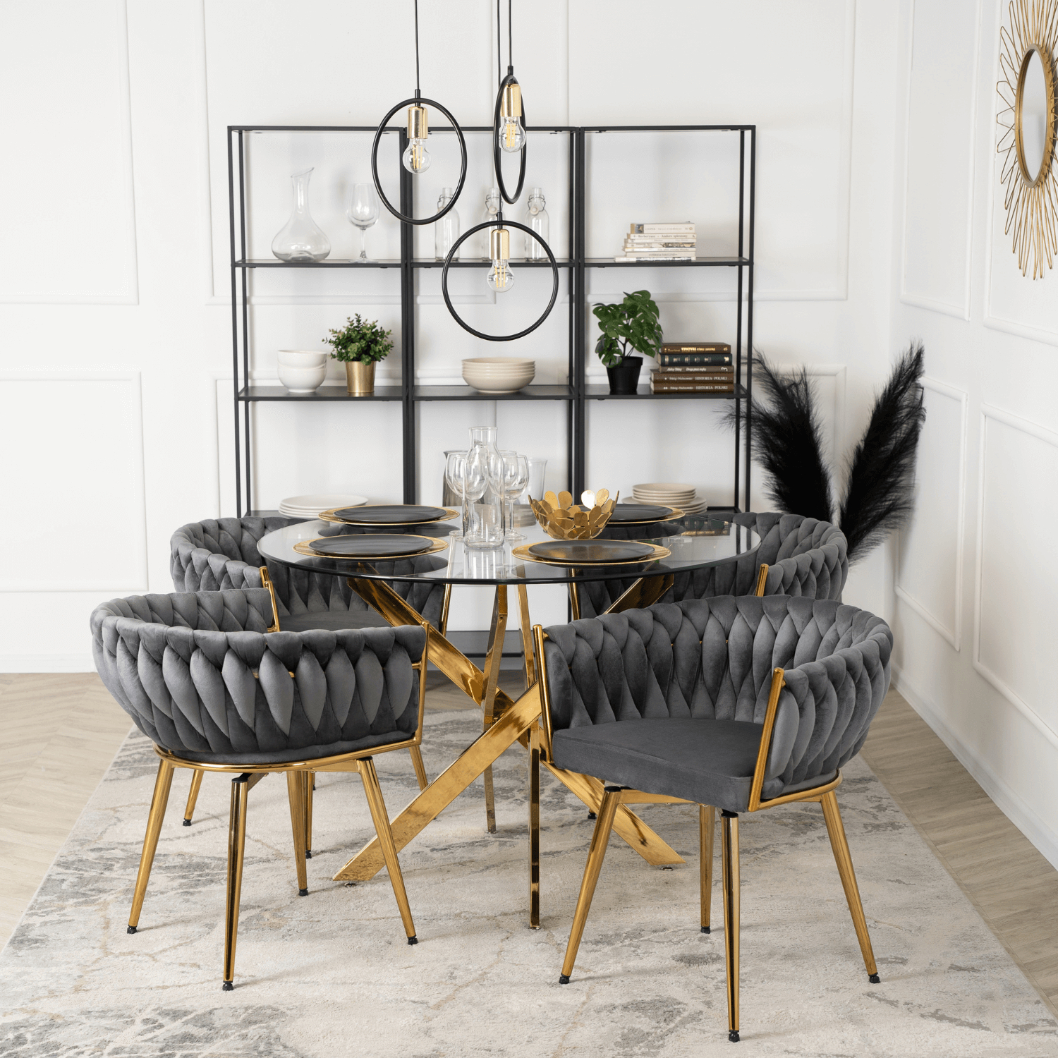 Zestaw Stół Okrągły SALLO 110 cm i 4 Krzesła Tapicerowane RUBI Szare Glamour SALLO/TR/ZL/S/RUBI/P/ZL/V/Z4/K