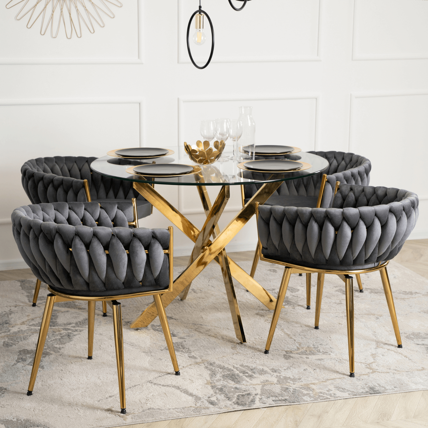 Zestaw Stół Okrągły SALLO 110 cm i 4 Krzesła Tapicerowane RUBI Szare Glamour SALLO/TR/ZL/S/RUBI/P/ZL/V/Z4/K