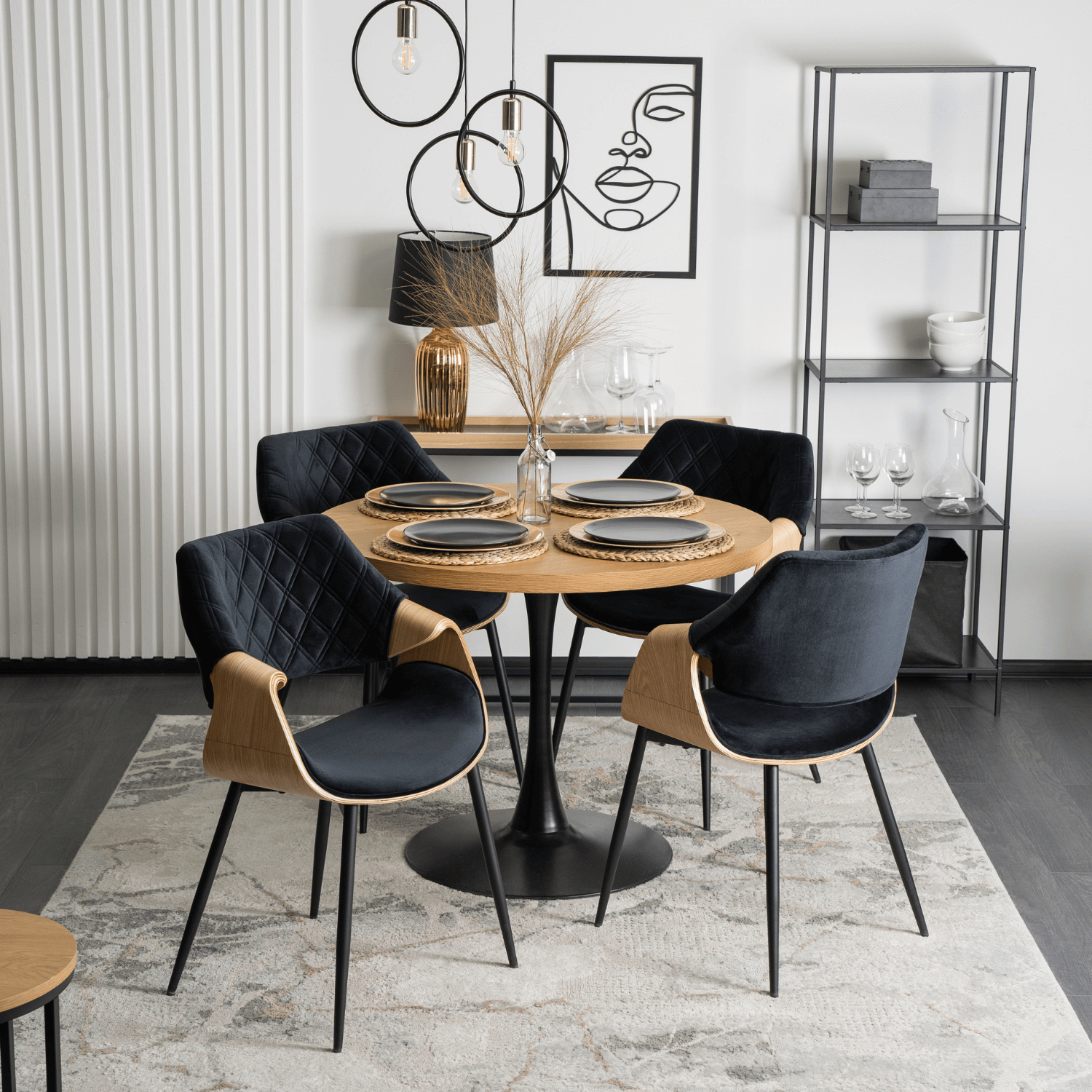 Zestaw Stół Okrągły LINO 100 cm Dąb Złoty/Czarny i 4 Krzesła Tapicerowane z Drewna Giętego DAKOTA Czarne/Dąb Złoty Welurowe Loft LINO/DZ/S/DAKOTA/CZ/D