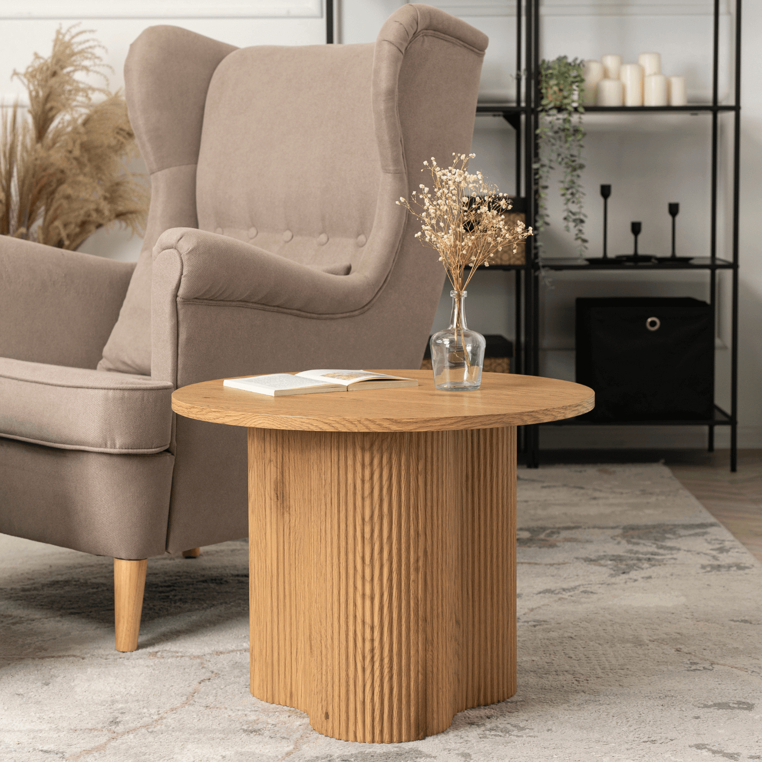 Stolik Kawowy ARION 60 cm Okrągły Dąb z Ryflami Nowoczesny Loft ME.ARION/D/D/L