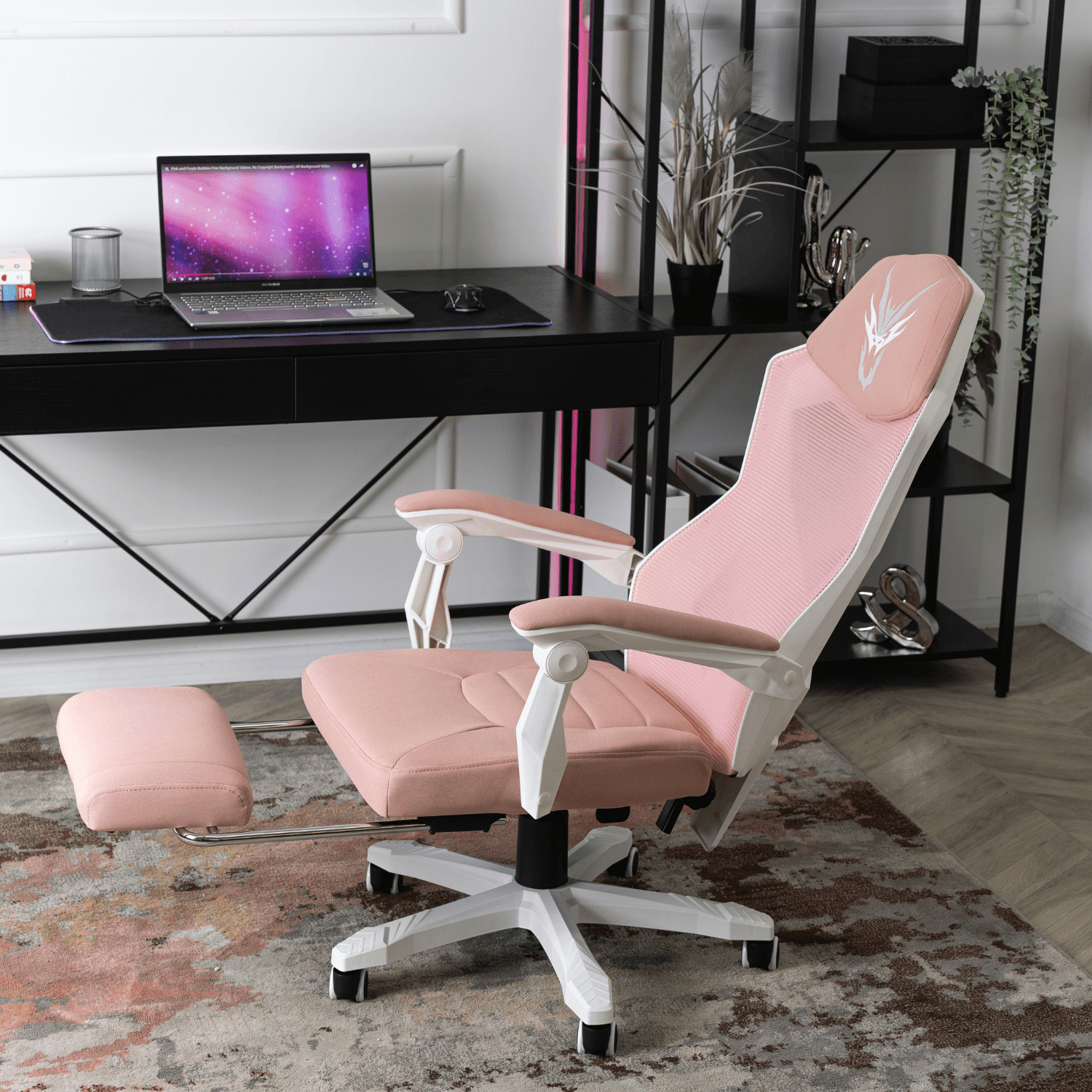 Fotel Gamingowy Obrotowy BING Różowy/Biały z Podnóżkiem Nowoczesny ME.BING/B/R/T/FO