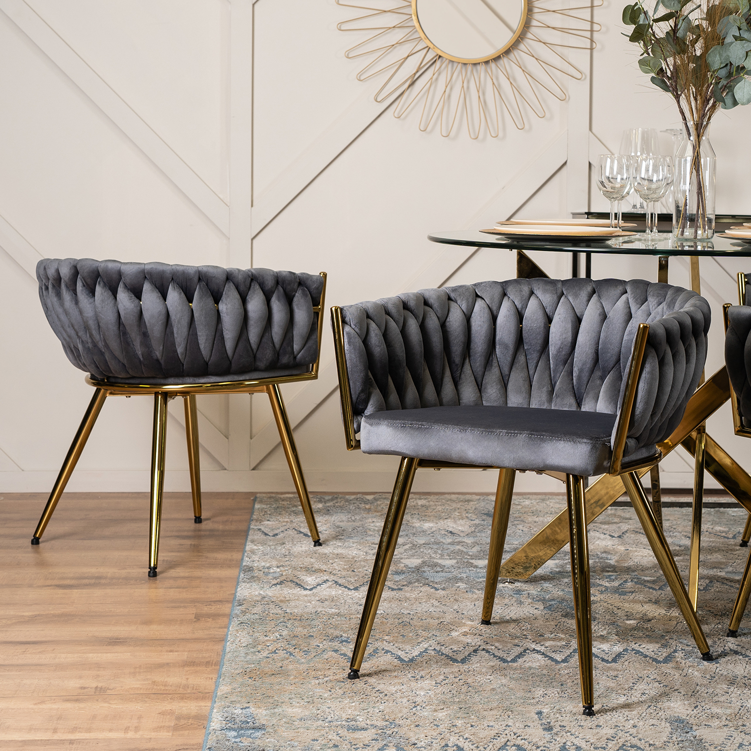 Zestaw 4x Krzesło Tapicerowane CAPRI Plecione do Salonu Szare Welurowe Nowoczesne Glamour CAPRI/P/ZL/V/Z4/K