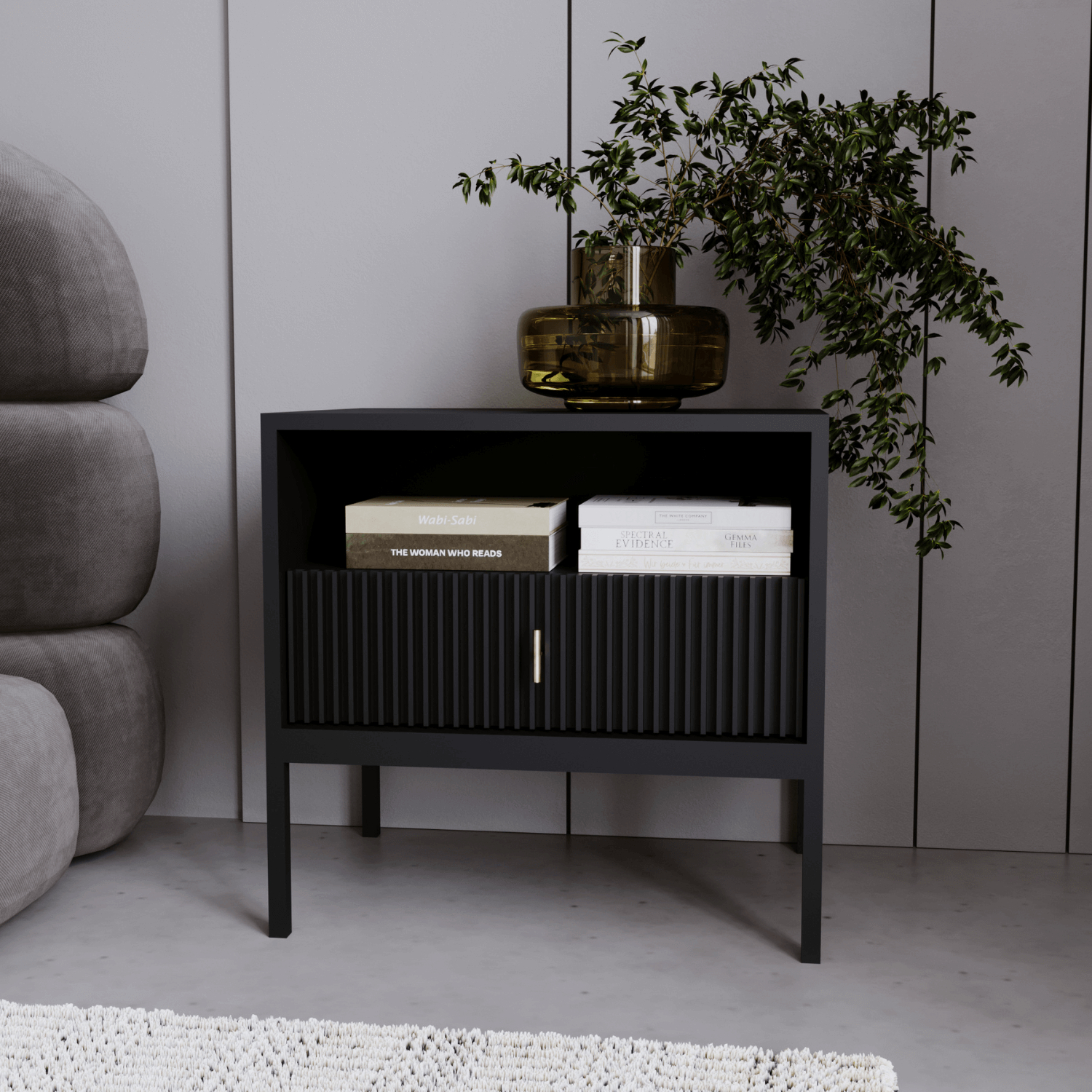 Szafka Nocna z Szufladą Do Sypialni MARCOS Czarna Ryflowana Nowoczesna W.MAGGIORE/CZ/SZAFKNOC