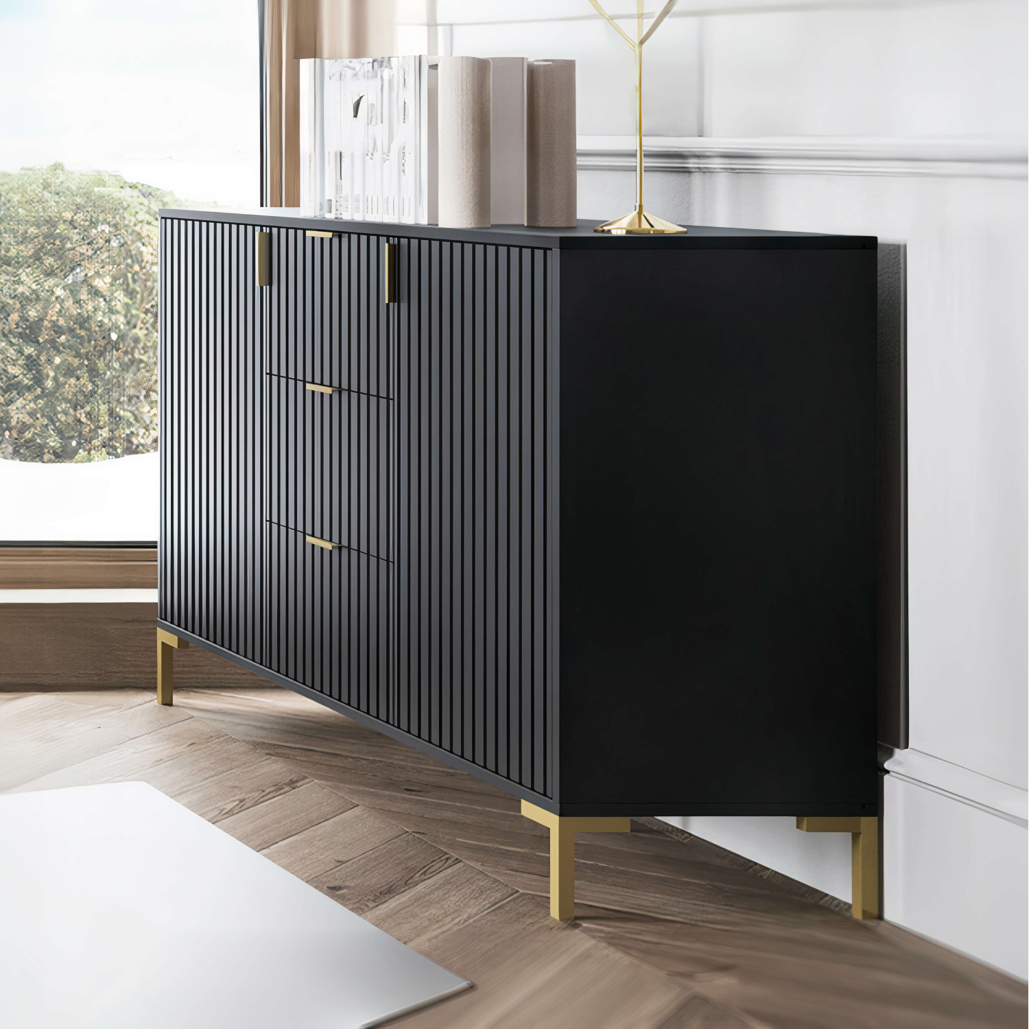 Komoda do Salonu Sypialni TORELLO 130 cm Czarna Ryflowana Dwudrzwiowa z Szufladami Nowoczesna W.FLINN/FL08/CZ/CZMAT/ZL/KOM2D3S