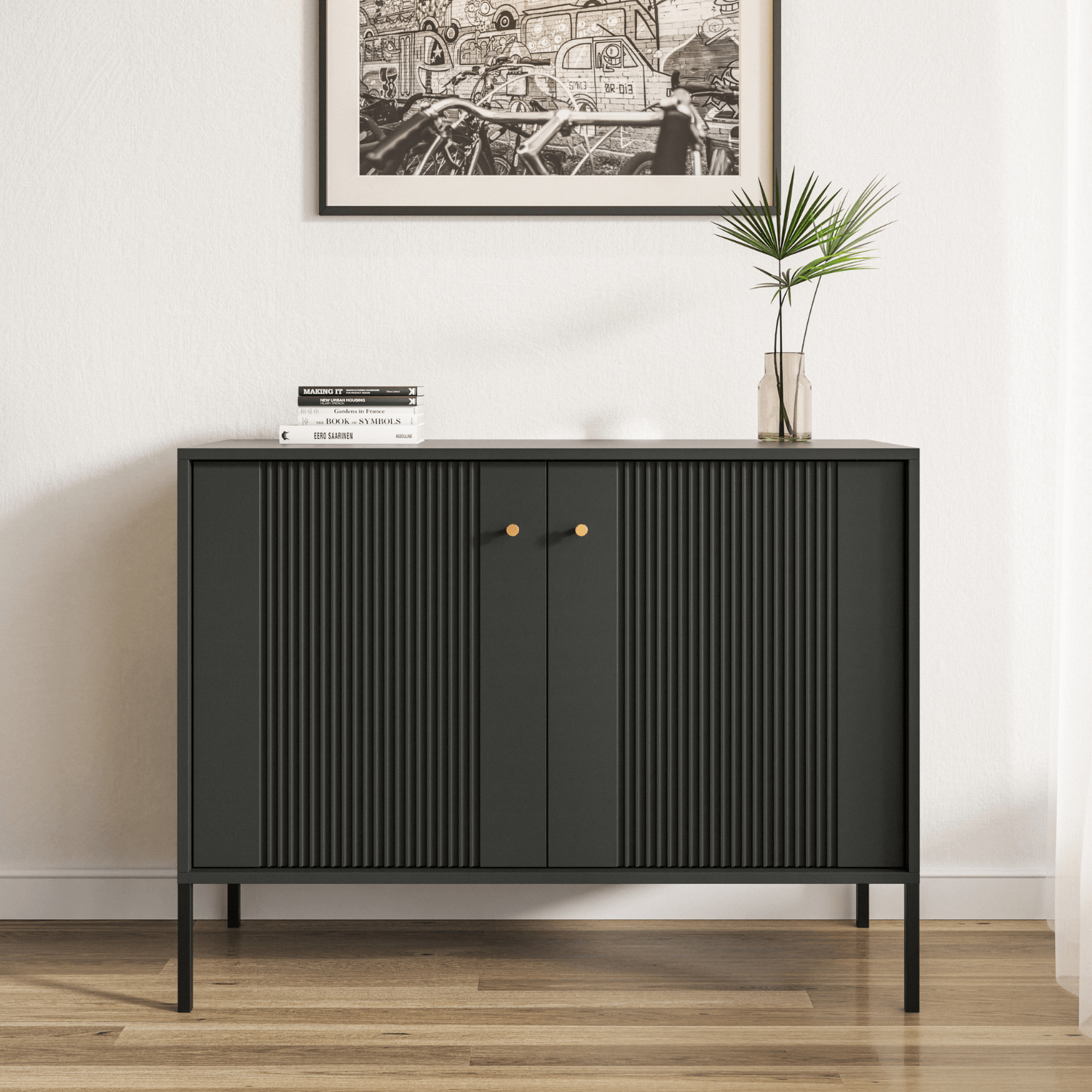 Komoda do Salonu Sypialni SOFT 104 cm Czarna Ryflowana Dwudrzwiowa Nowoczesna W.ISEO/CZ/KOM2D