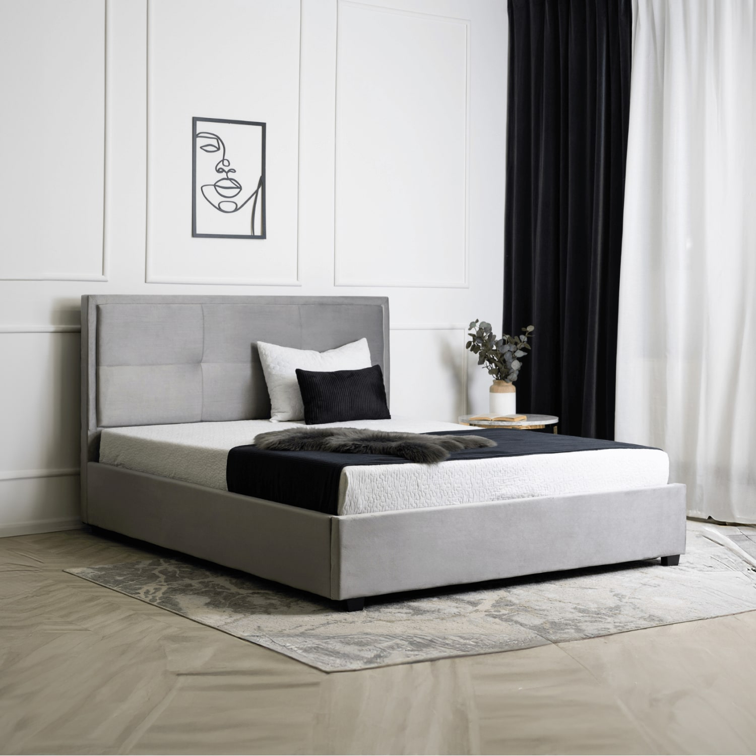 Łóżko Tapicerowane 160x200 cm ze Stelażem i Pojemnikiem Dwuosobowe ANDRE Welurowe Jasnoszare ME.ANDRE/160/JP/V/LOZZPOJ