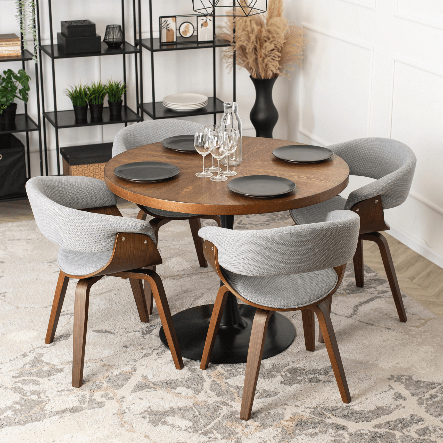 Zestaw Stół Okrągły LINO 100 cm Orzech/Czarny i 4 Krzesła Tapicerowane GARY 2 Szare/Orzech Nowoczesne Loft LINO/O/S/GARY2/P/O/T/Z4/K