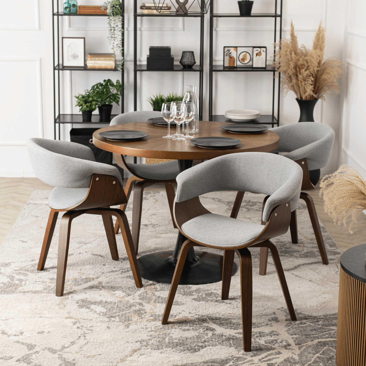 Zestaw Stół Okrągły LINO 100 cm Orzech/Czarny i 4 Krzesła Tapicerowane GARY 2 Szare/Orzech Nowoczesne Loft LINO/O/S/GARY2/P/O/T/Z4/K