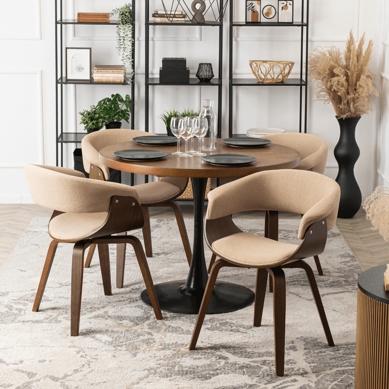 Zestaw Stół Okrągły LINO 100 cm Dąb Rustykalny/Czarny i 4 Krzesła Tapicerowane GARY 2 Beżowe/Orzech Nowoczesne Loft LINO/DRU/S/GARY2/BZ/O/T/Z4/K
