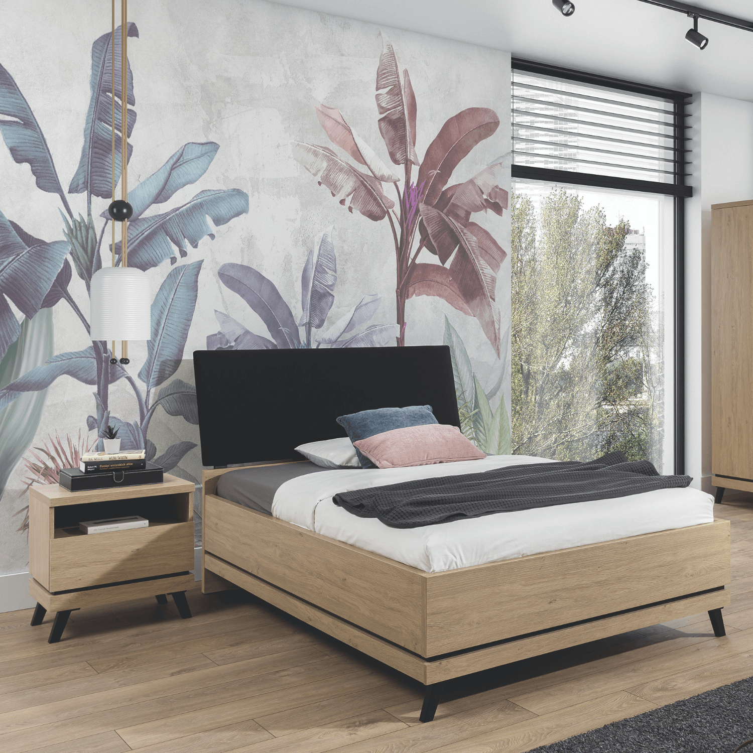 Szafka Nocna z Szufladą do Sypialni CANTE 52 cm Dąb kamienny / czarny Loft L.ATE/AT16/DKAM/CZ/SZAFKNOC