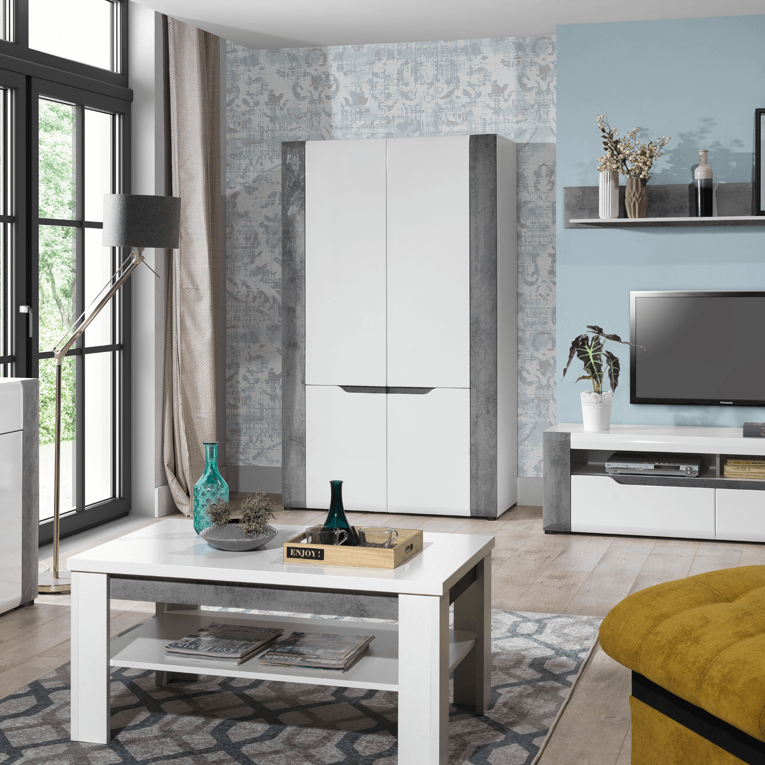 Ława z Półką do Salonu NOVO 102 cm Biała / beton Nowoczesna L.BRANDO/B9/B/BET/L