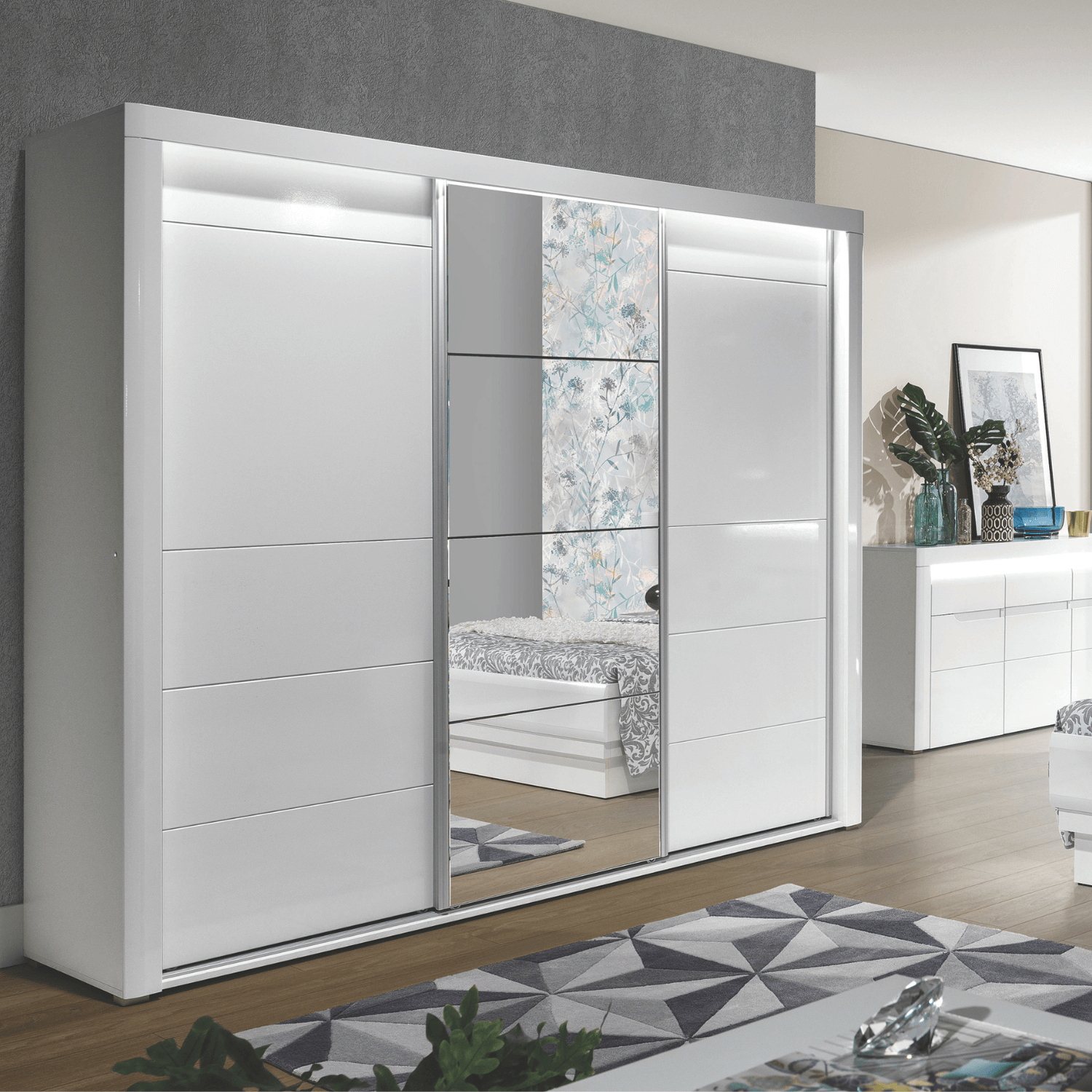 Szafa Przesuwna z Lustrami IVORY Biała / Biały Połysk 235 cm Nowoczesna L.IRMA/IM15/DMAG/B/PL/SZAFPRZES