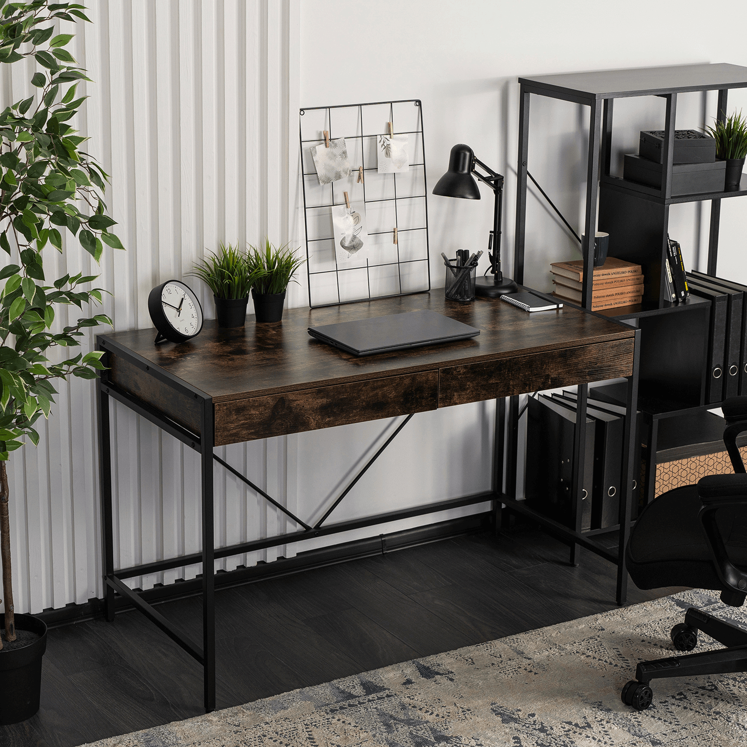 Biurko do Pracy w Domu Czarny Stelaż ALLY 123 cm Dąb Rustykalny/Czarny Nowoczesne Loft ME.ALLY/BR/CZ/B