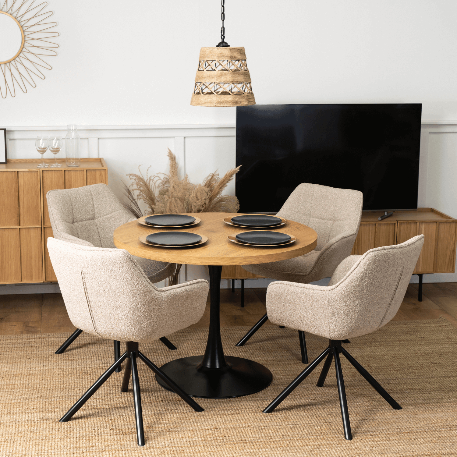 Zestaw Stół Okrągły LINO 100 cm Dąb Złoty/Czarny i 4 Krzesła Tapicerowane Obrotowe PEONY Beżowe Nowoczesne LINO/DZ/S/PEONY/BZ/T/Z4/K