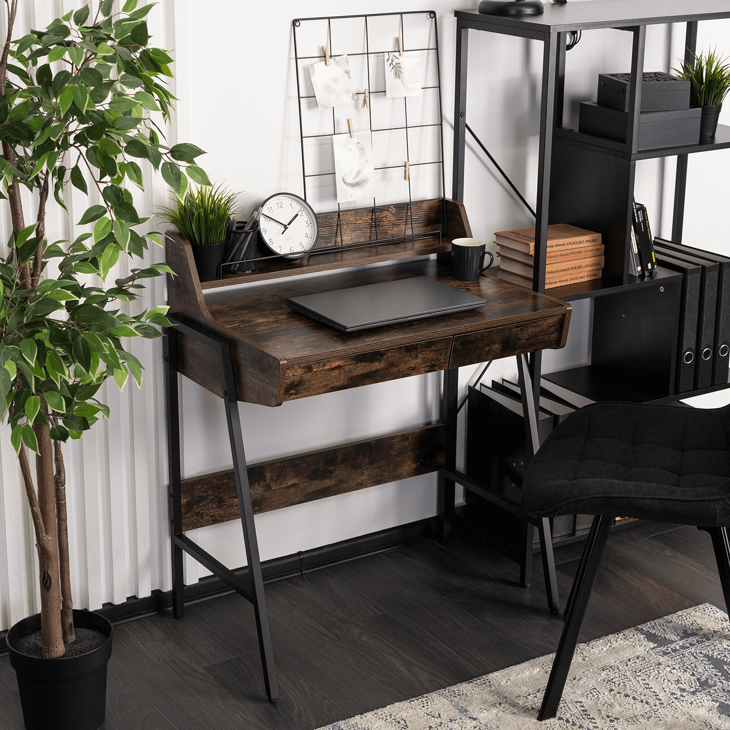 Małe Loftowe Biurko z Szufladami PERI 77 cm Dąb Rustykalny/Czarne Nowoczesne Loft ME.PERI/BR/CZ/B