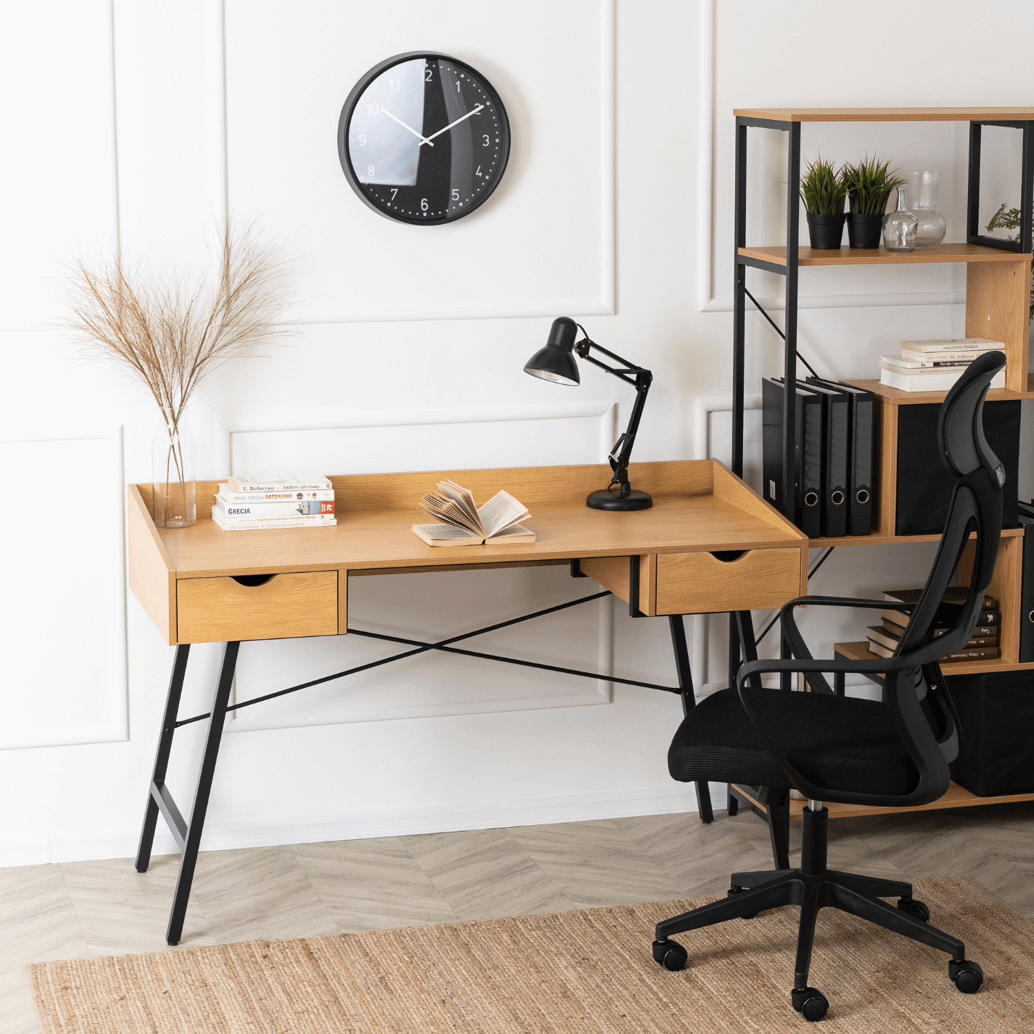 Biurko z Szufladami w Stylu Loftowym ICE 133 cm Dąb złoty/Czarne Loft ME.ICE/D/CZ/B