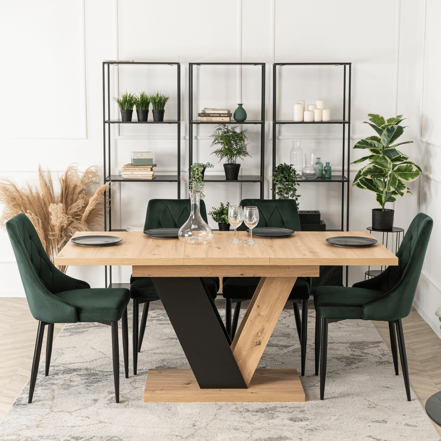 Zestaw Stół Prostokątny Rozkładany CLARK 120-160 cm Dąb Artisan/Czarny i 4 Krzesła Tapicerowane do Jadalni CORK Zielone Welurowe DUBAJ/A/CZ/S/CORK/Z/V
