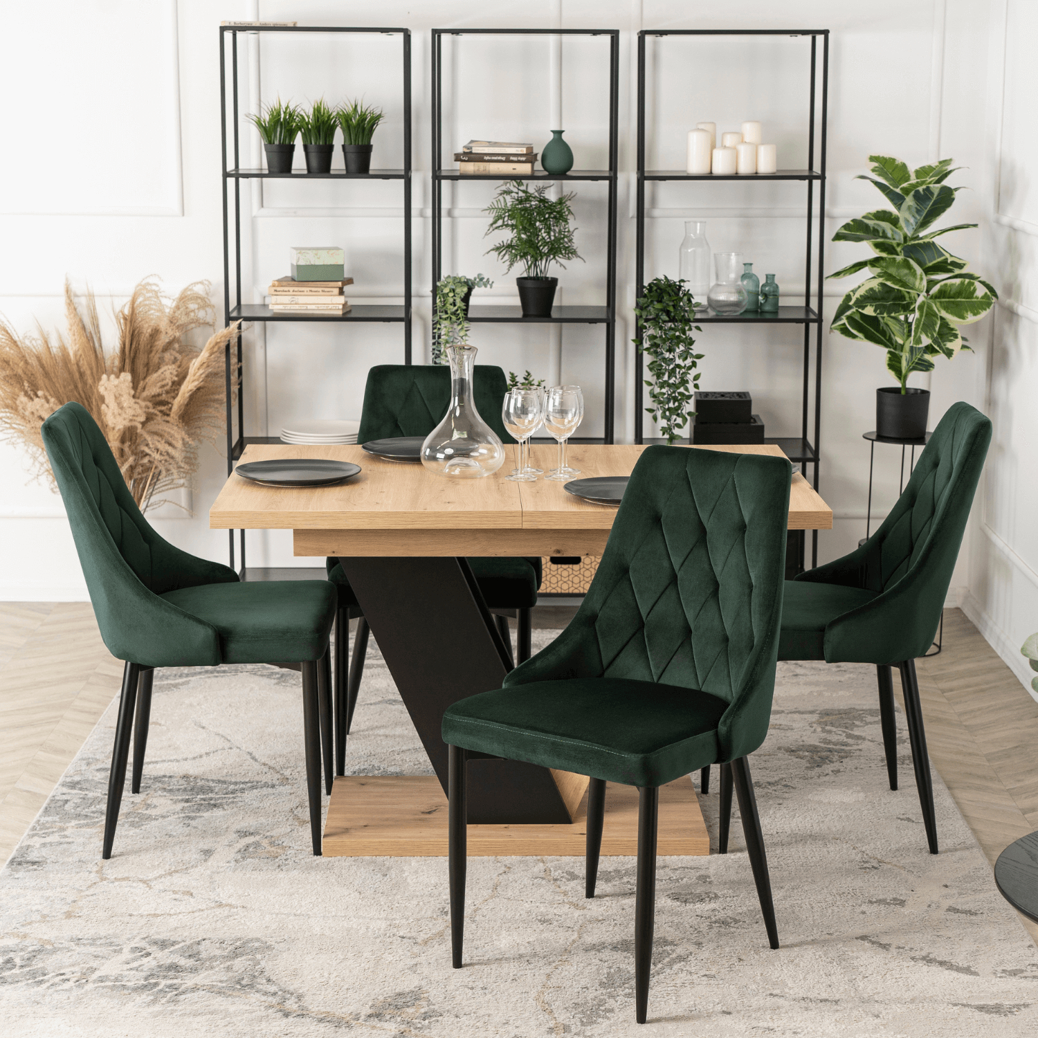 Zestaw Stół Prostokątny Rozkładany CLARK 120-160 cm Dąb Artisan/Czarny i 4 Krzesła Tapicerowane do Jadalni CORK Zielone Welurowe DUBAJ/A/CZ/S/CORK/Z/V