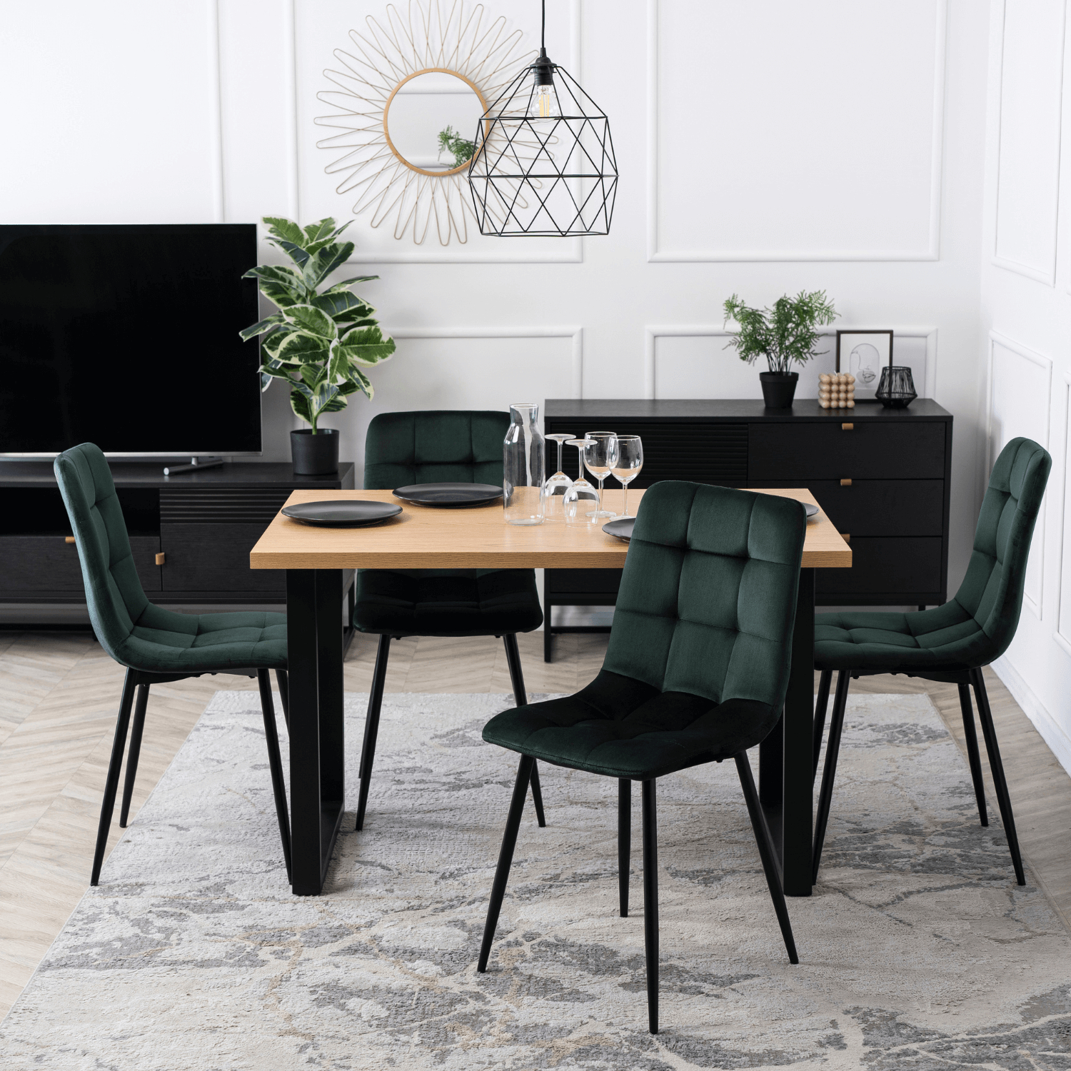 Zestaw Stół Prostokątny VETTEL 120 cm Dąb/Czarny i 4 Krzesła Tapicerowane do Salonu PERU Zielone Welurowe Nowoczesne Loft VETTEL/D/CZ/S/PERU/Z/V/Z4/K
