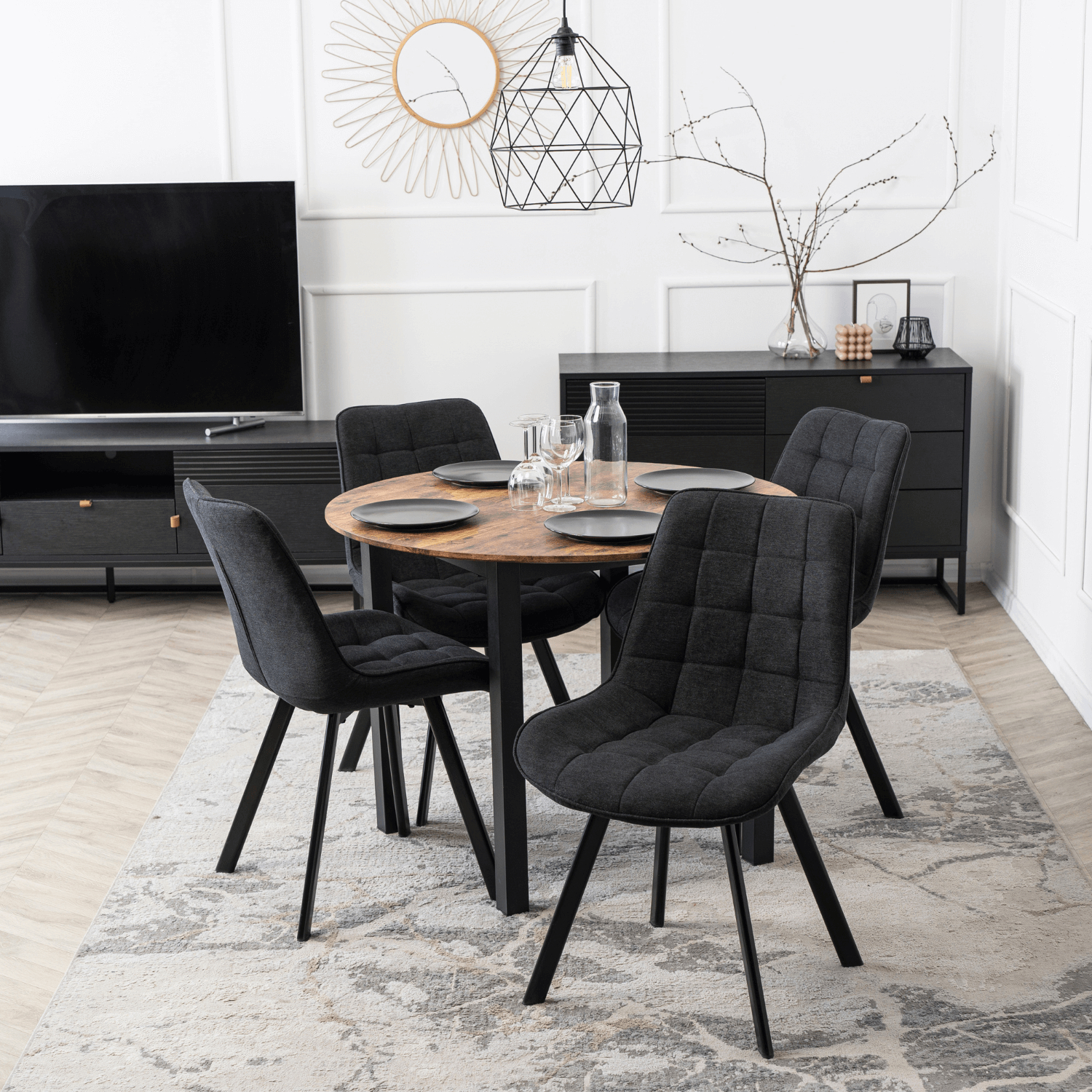 Zestaw Stół Okrągły TEO 100 cm Dąb Rustykalny/Czarny i 4 Krzesła Tapicerowane RICK 2 Czarne Nowoczesne Loft TEO/DZ/CZ/S/RICK2/CZ/T/Z4/K