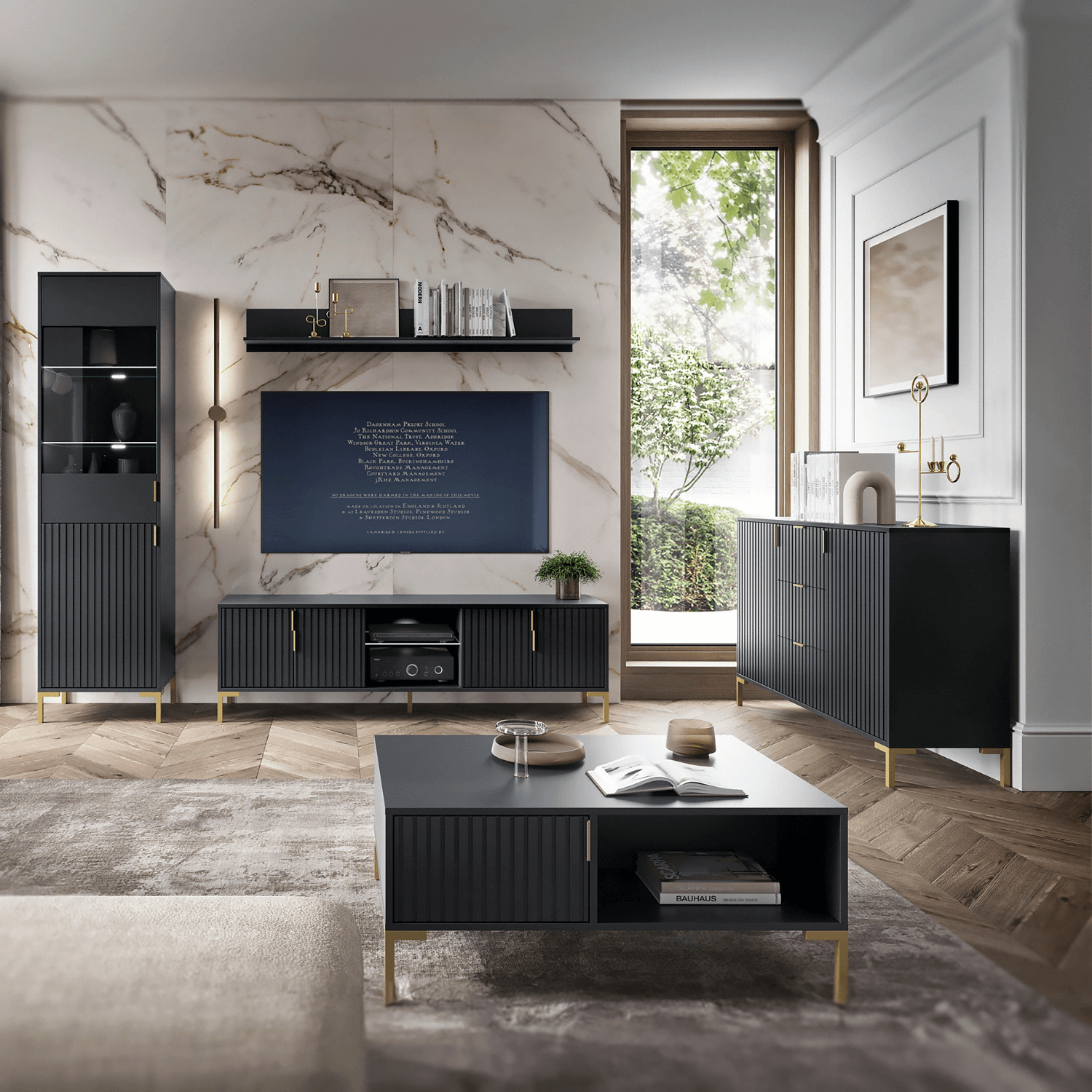 Ława do Salonu TORELLO 100 cm Czarna Ryflowana Nowoczesna W.FLINN/FL05/CZ/CZMAT/ZL/L