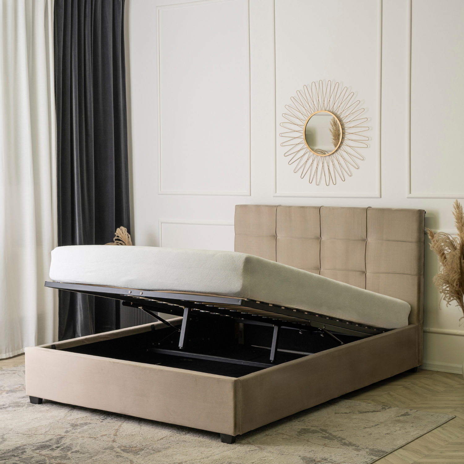 Łóżko Tapicerowane 140x200 cm ze Stelażem i Pojemnikiem Dwuosobowe TINGA Welurowe Beżowe Sypialniane ME.TINGA/140/BZ/V/LOZZPOJ