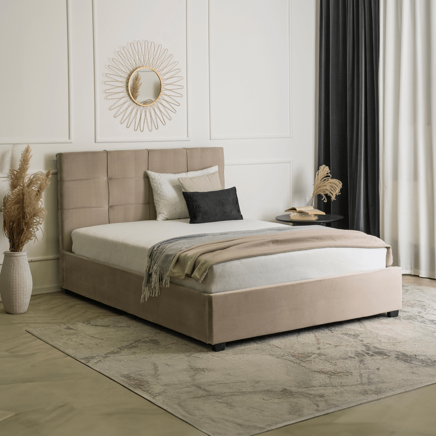 Łóżko Tapicerowane 140x200 cm ze Stelażem i Pojemnikiem Dwuosobowe TINGA Welurowe Beżowe Sypialniane ME.TINGA/140/BZ/V/LOZZPOJ