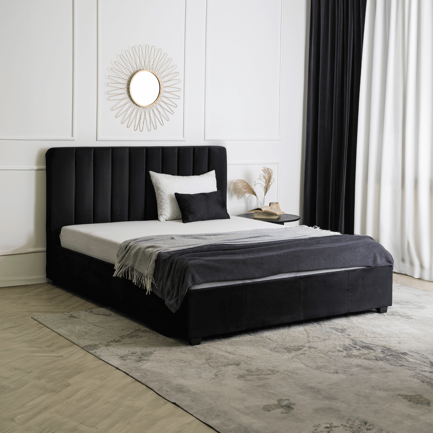 Łóżko Tapicerowane 160x200 cm ze Stelażem i Pojemnikiem Dwuosobowe MARI Welurowe Czarne ME.MARI/160/CZ/V/LOZZPOJ