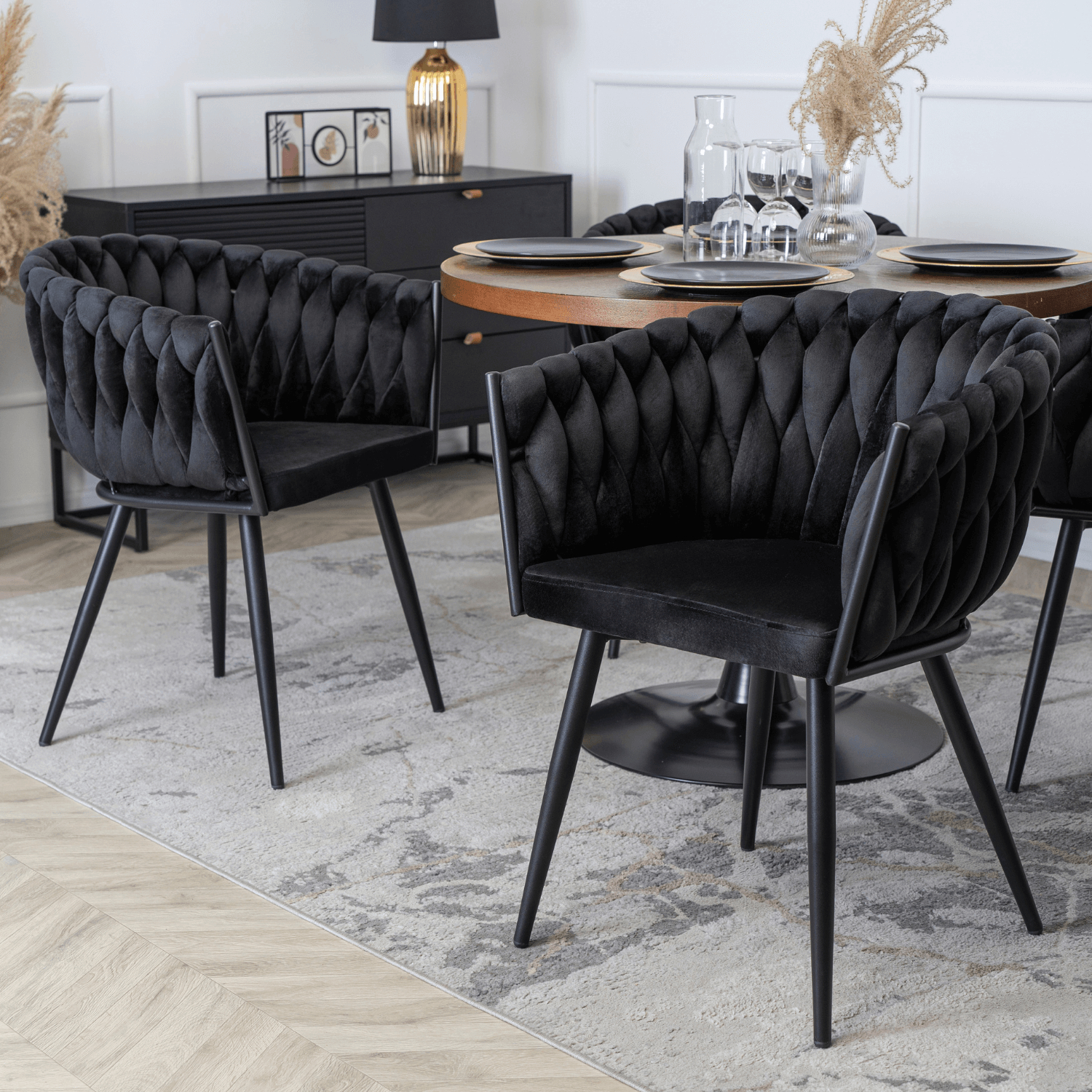 Krzesło Tapicerowane Plecione do Salonu ELENA Czarne Welurowe Nowoczesne Loft ME.ELENA/CZ/V/K