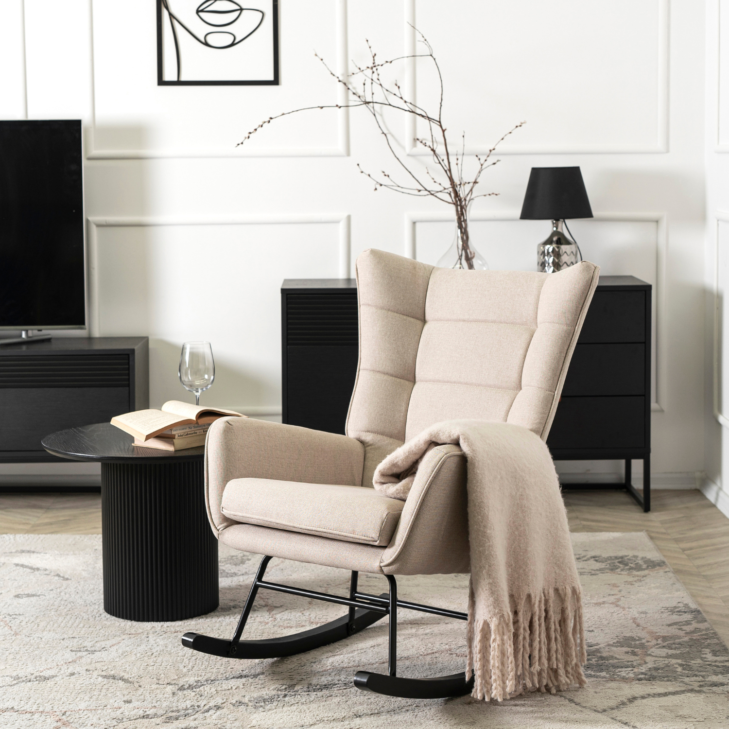 Fotel Bujany na Biegunach Uszak Wypoczynkowy JACKSON Beżowy do Salonu Nowoczesny ME.JACKSON/BZ/T/FW