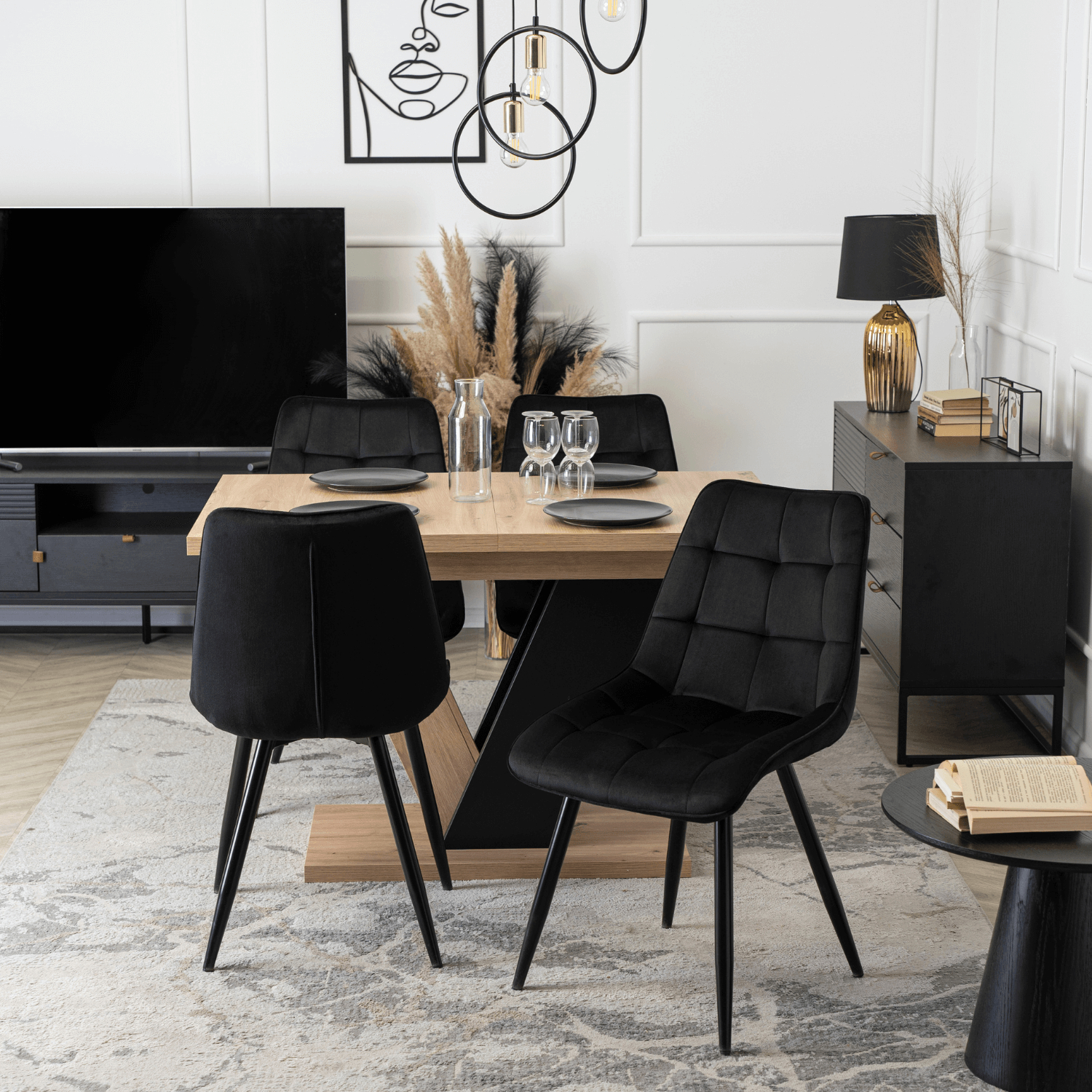 Zestaw Stół Prostokątny Rozkładany CLARK 120-160 cm Dąb Artisan/Czarny i 4 Krzesła Tapicerowane RIO Czarne Welurowe DUBAJ/A/CZ/S/RIO/CZ/V/Z4/K