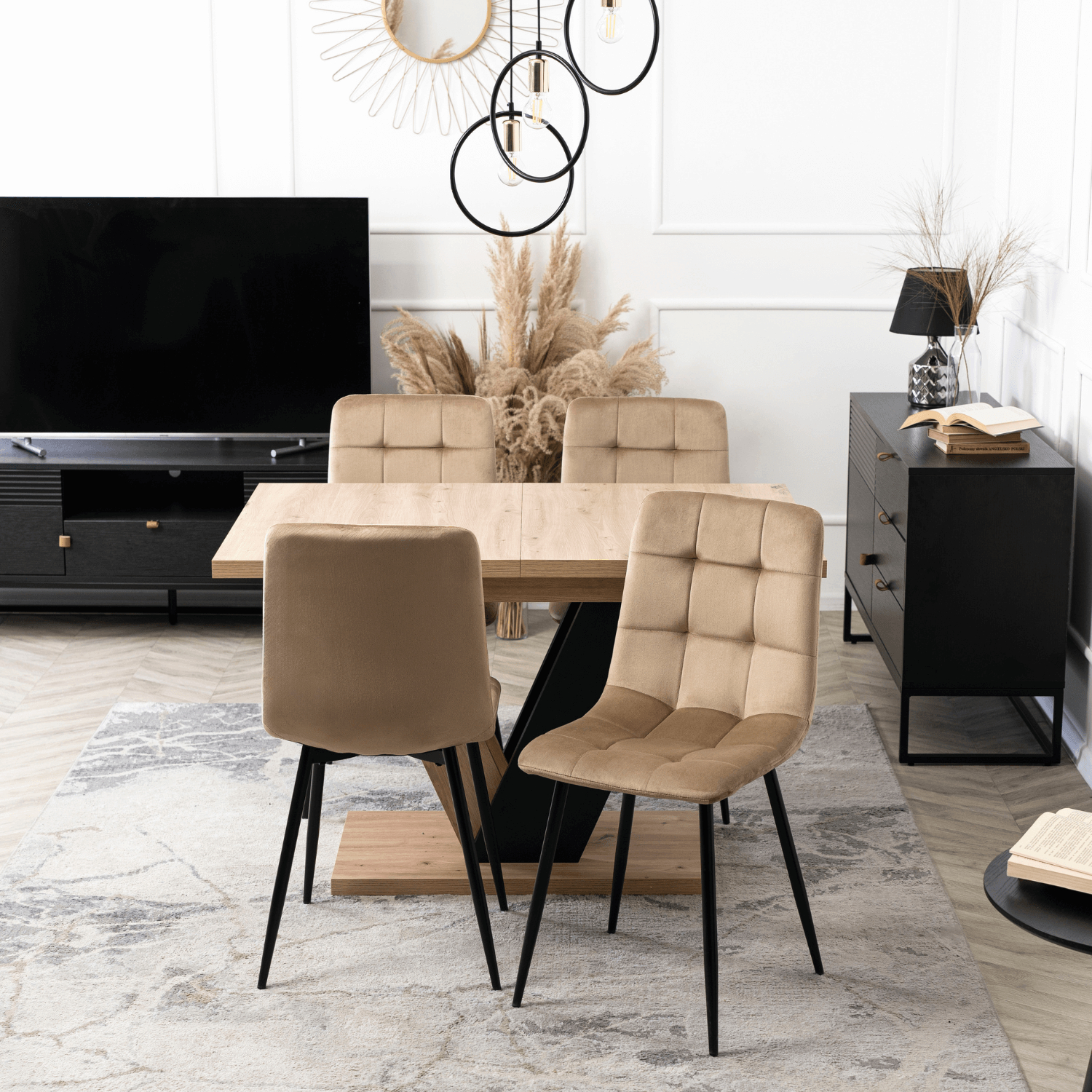 Zestaw Stół Prostokątny Rozkładany CLARK 120-160 cm Dąb Artisan/Czarny i 4 Krzesła Tapicerowane PERU Beżowe Welurowe DUBAJ/A/CZ/S/PERU/BZ/V/Z4/K