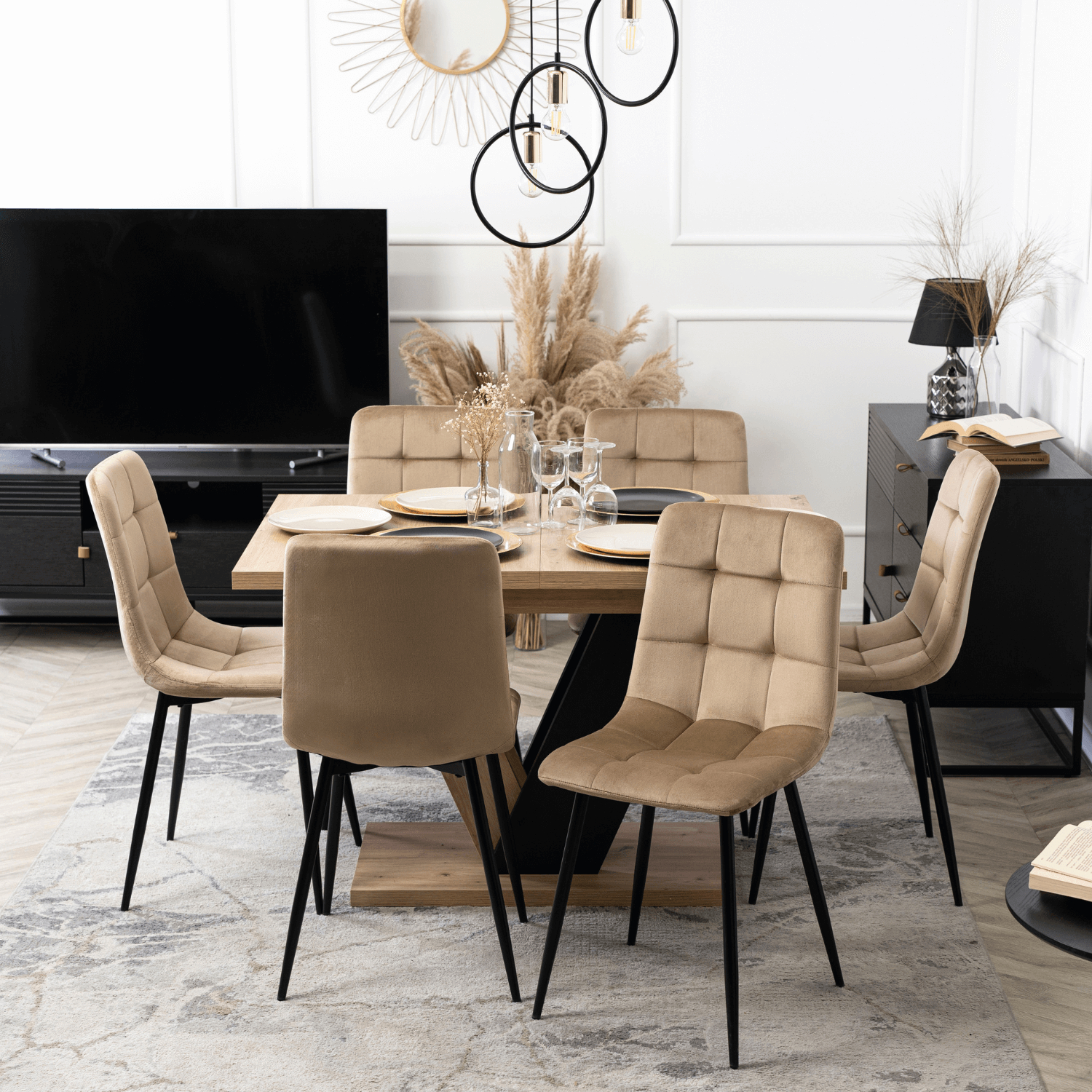Zestaw Stół Prostokątny Rozkładany CLARK 120-160 cm Dąb Artisan/Czarny i 6 Krzeseł Tapicerowanych PERU Beżowych Welur DUBAJ/A/CZ/S/PERU/BZ/V/Z6/K