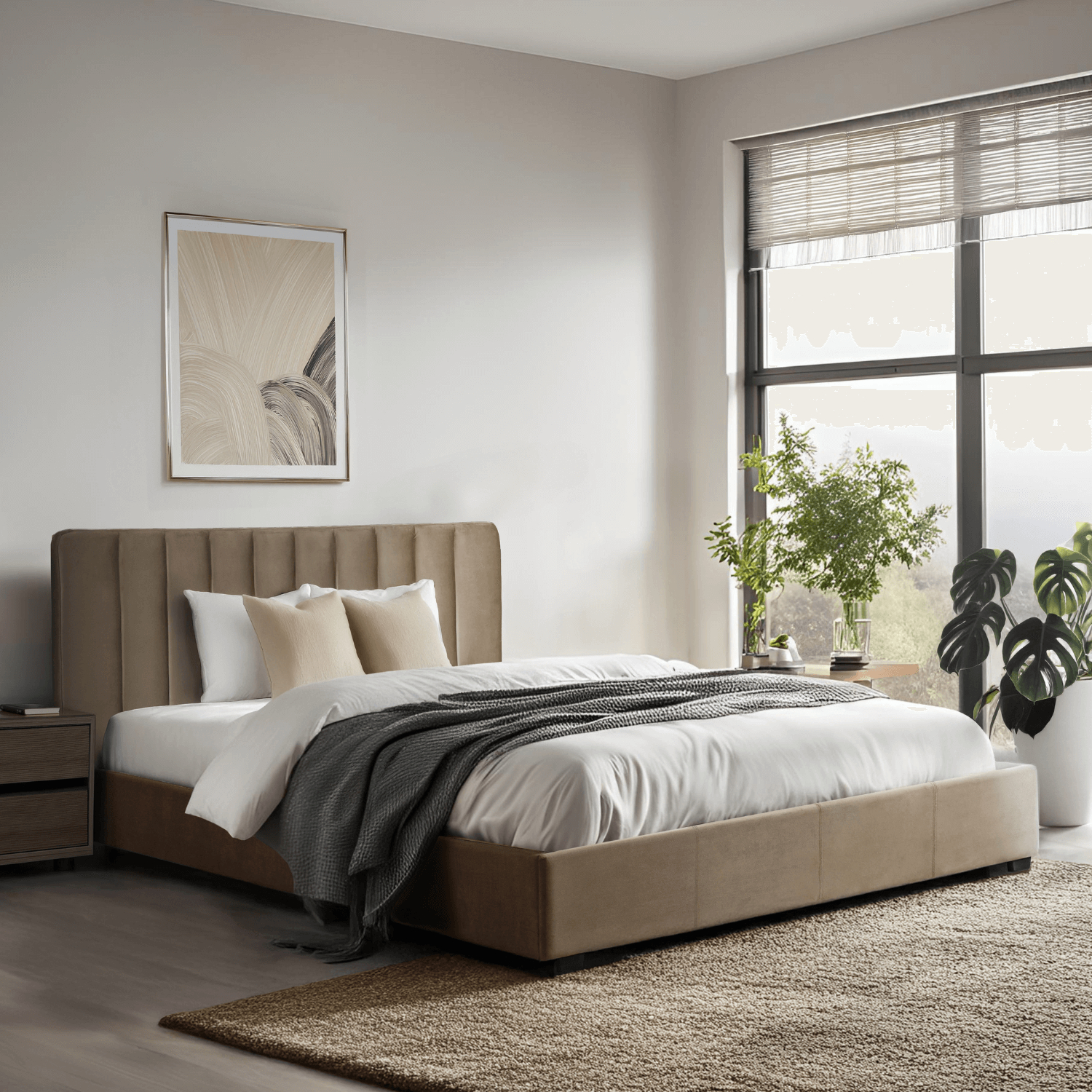 Łóżko Tapicerowane 160x200 cm ze Stelażem i Pojemnikiem Dwuosobowe MARI Welurowe Beżowe ME.MARI/160/BZ/V/LOZZPOJ