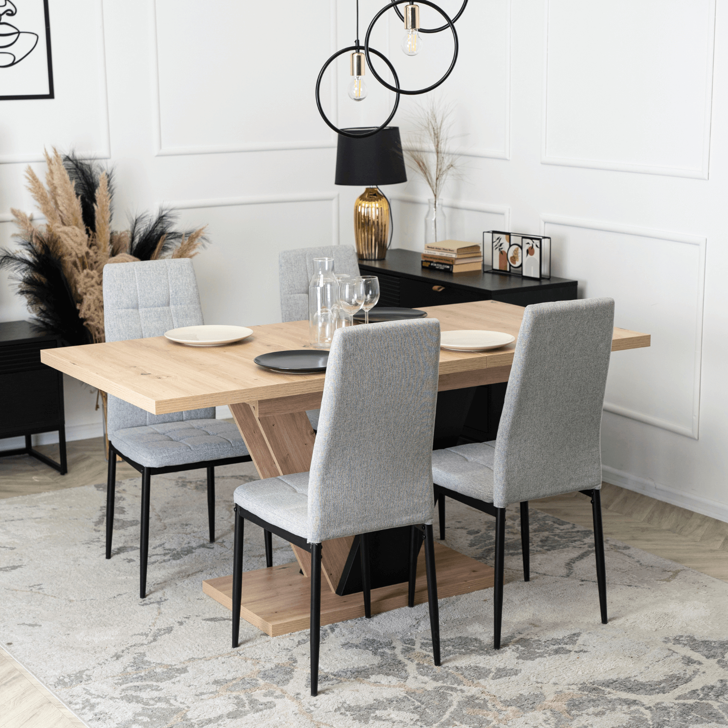 Zestaw Stół Prostokątny Rozkładany CLARK 120-160 cm Dąb Artisan/Czarny i 4 Krzesła Tapicerowane TEX Szare DUBAJ/A/CZ/S/TEX/P/T/Z4/K