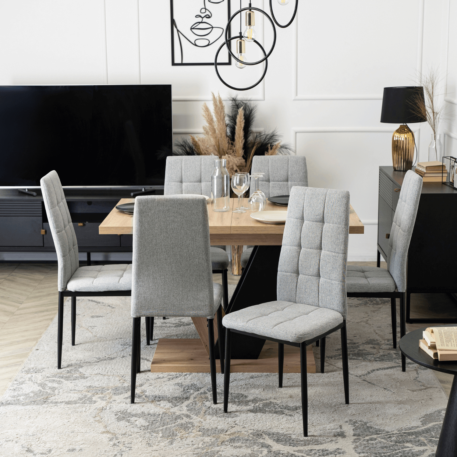 Zestaw Stół Prostokątny Rozkładany CLARK 120-160 cm Dąb Artisan/Czarny i 6 Krzeseł Tapicerowanych TEX Szarych DUBAJ/A/CZ/S/TEX/P/T/Z6/K