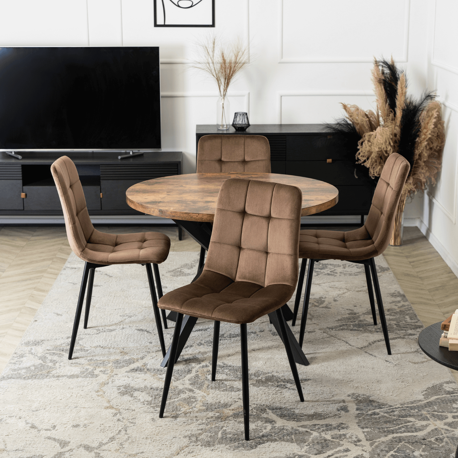 Zestaw Stół Okrągły Rozkładany LUKAS 100-250 cm Dąb Rustykalny/Czarny i 4 Krzesła Tapicerowane PERU Brązowe Nowoczesne Loft LUKAS/DRU/CZ/S/PERU/BR/V/Z