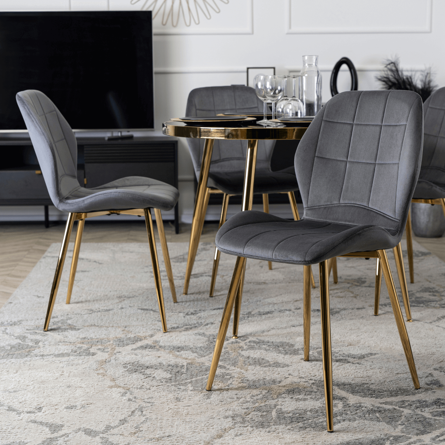 Zestaw 6x Krzesło Tapicerowane IRYS Szare ze Złotymi Nogami Welurowe Nowoczesne Glamour IRYS/P/ZL/V/Z6/K