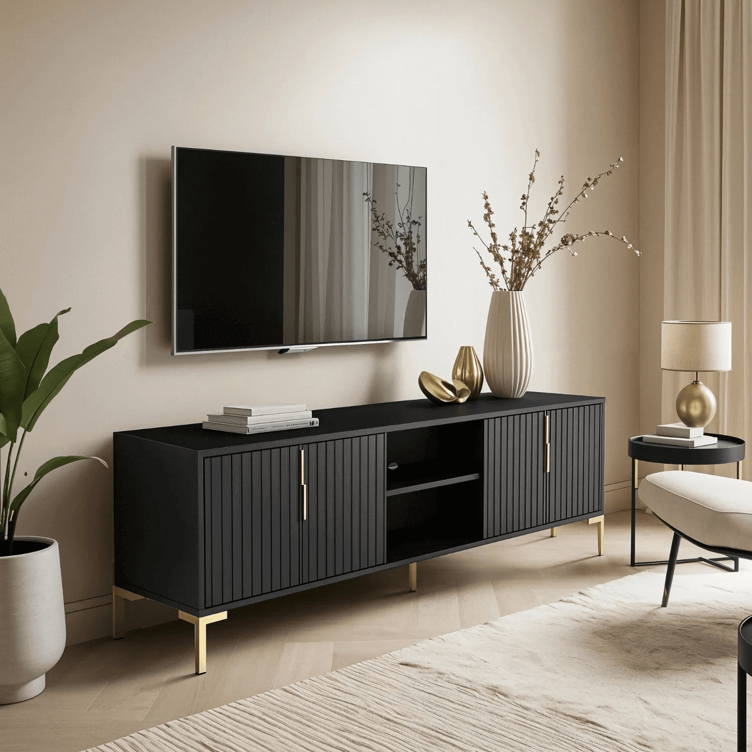 Szafka RTV do Salonu TORELLO 165 cm Czarna Ryflowana Nowoczesna W.FLINN/FL01/CZ/CZMAT/ZL/RTV4D