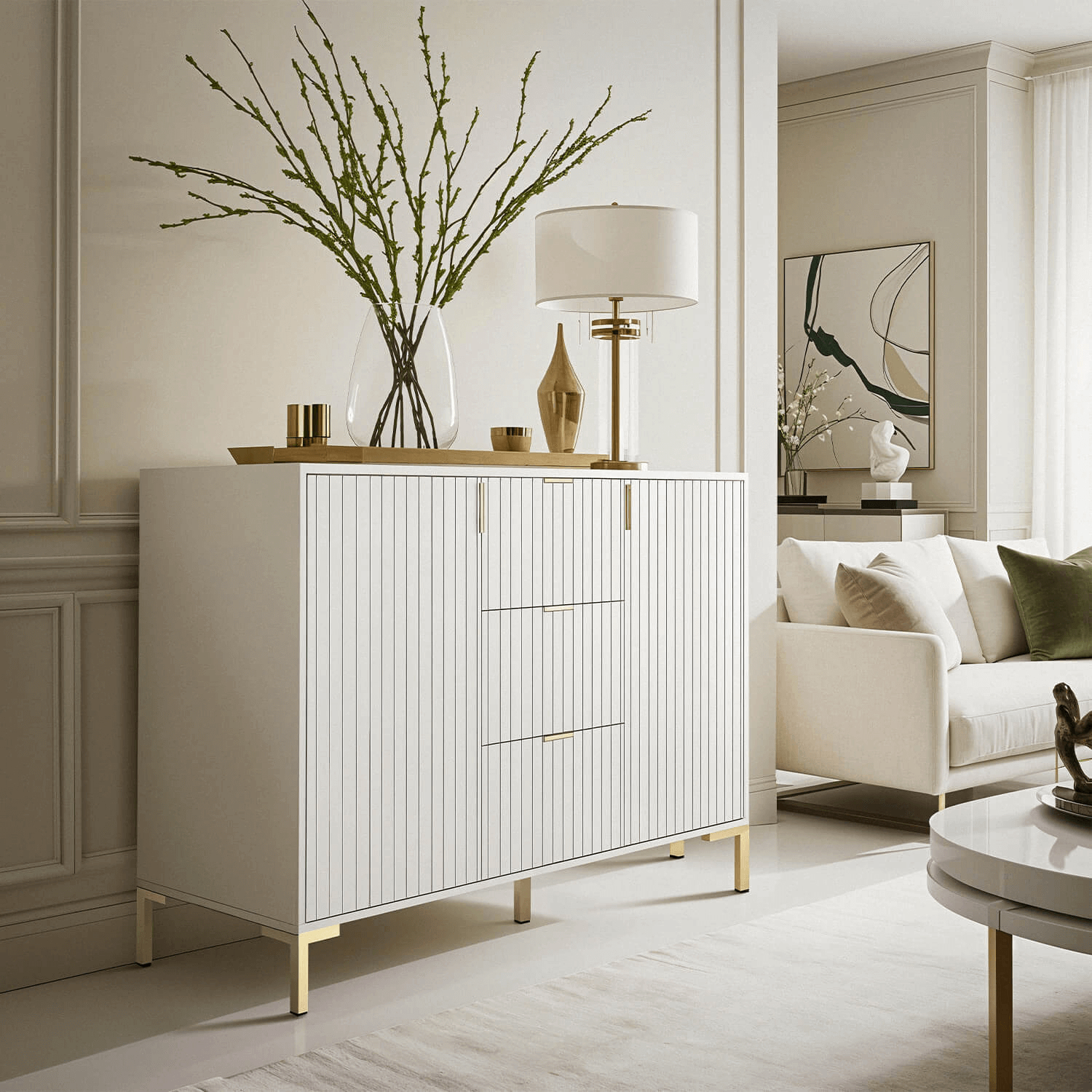 Komoda Dwudrzwiowa z Szufladami TORELLO 130 cm Biała Ryflowana Nowoczesna W.FLINN/FL08/B/ZL/KOM2D3S