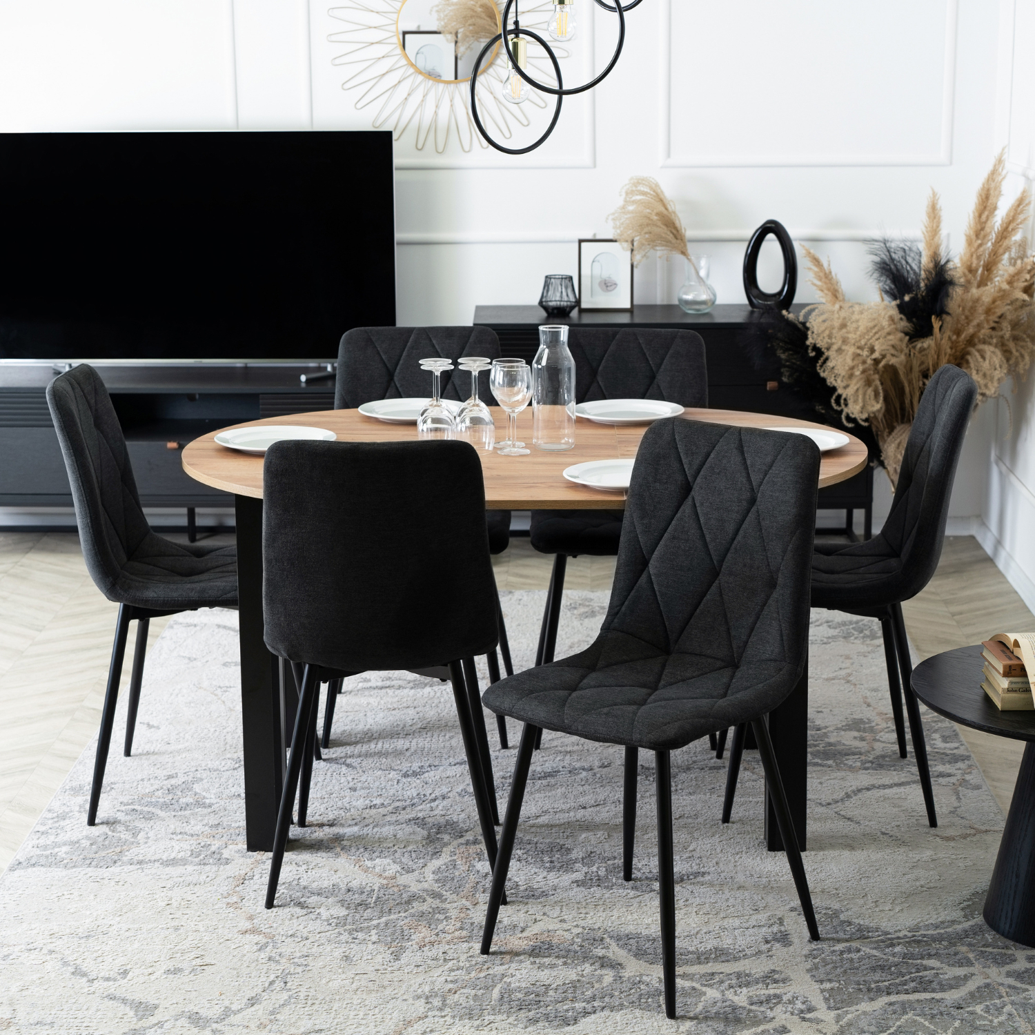 Zestaw Stół Okrągły Rozkładany HARRY 102-142 cm Dąb Craft/Czarny i 6 Krzeseł Tapicerowanych ROBIN 2 Czarnych Nowoczesnych W.HARRY/DC/CZ/S/ROBIN2/CZ/T/